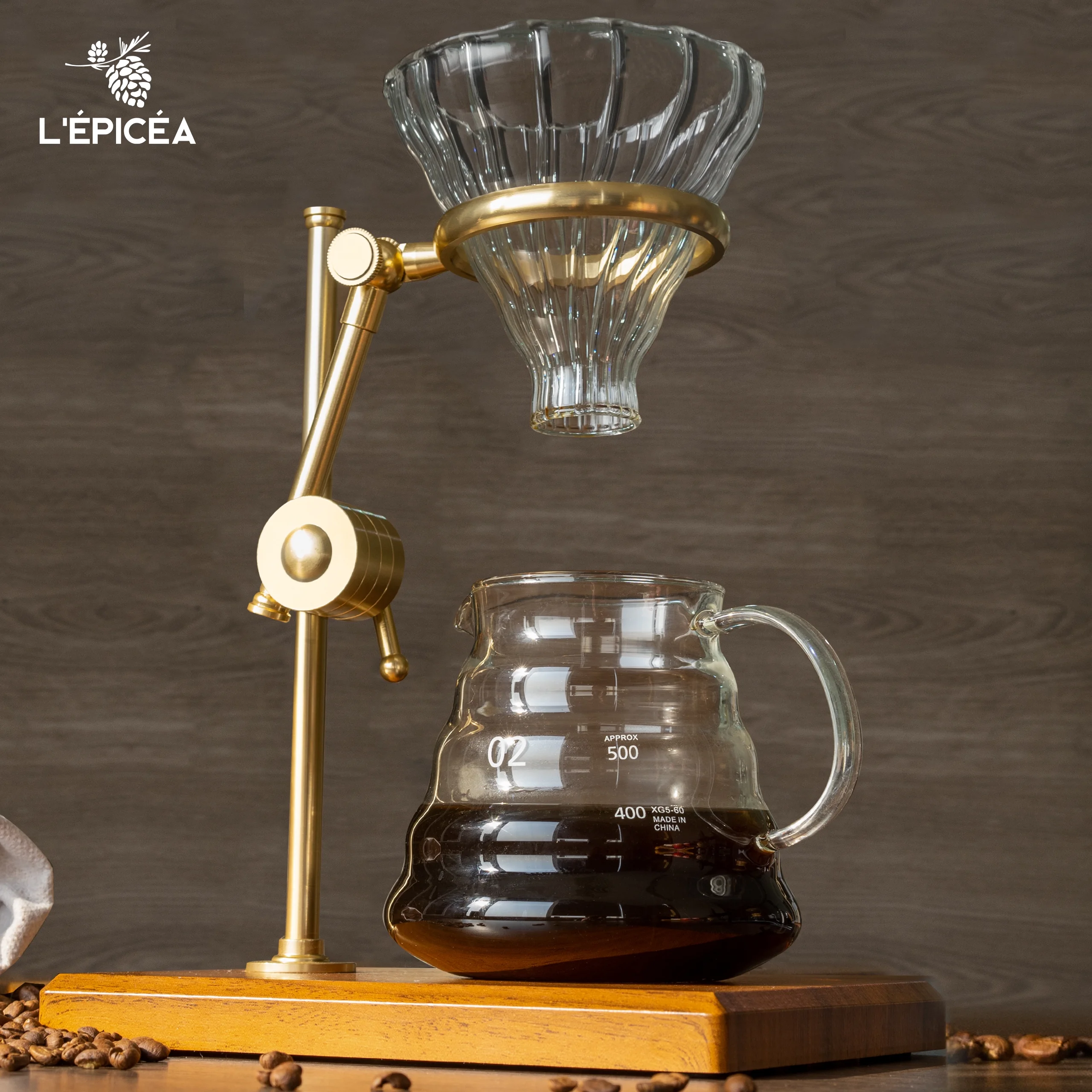 L’PICA Pour over Coffee Maker Set,Stainless Steel Stand, Wooden Base, Glass Coffee Dripper