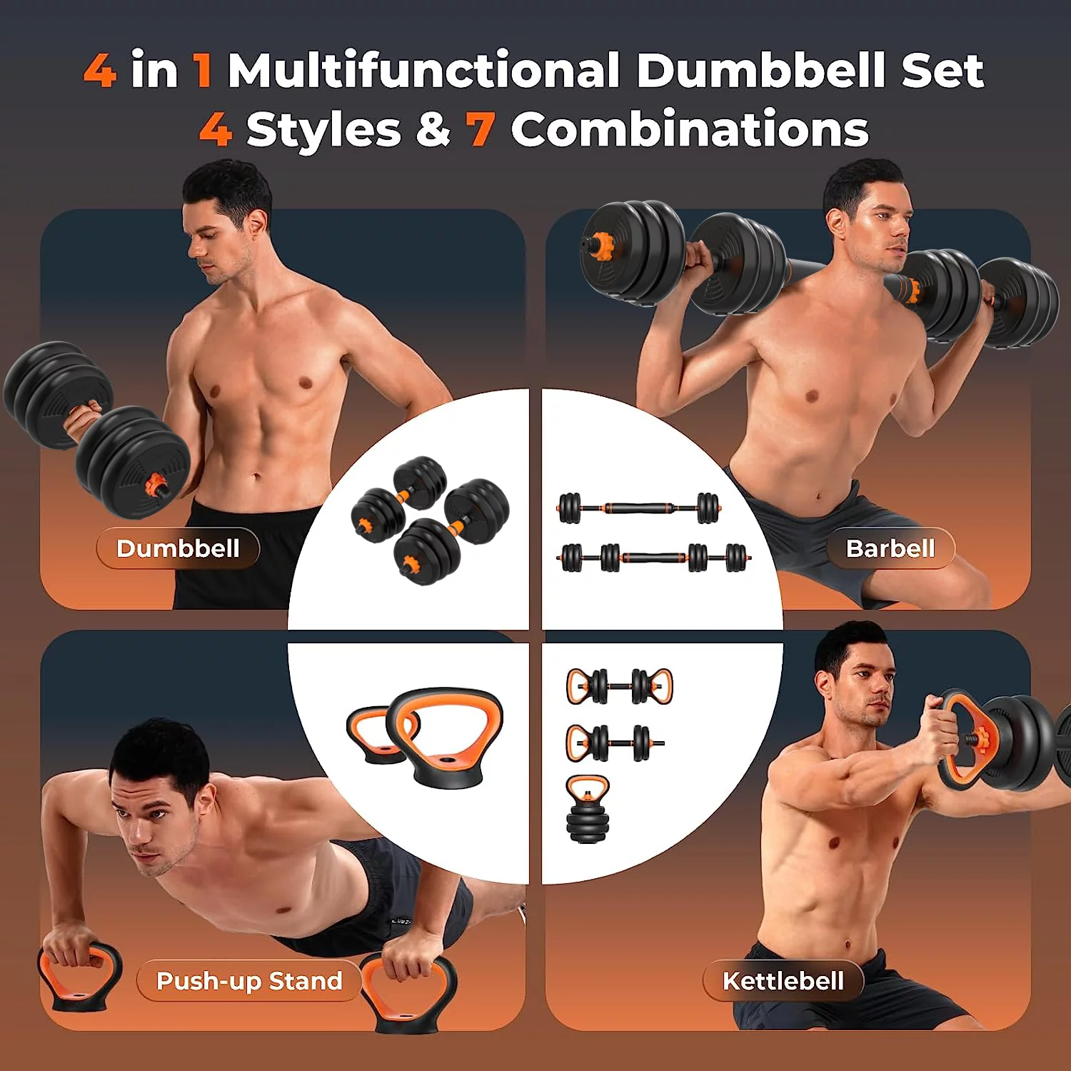 FIXTECH 66LB Adjustable Weight Dumbbell Set, Free Weights with 4 Modes, Used as Barbell, Kettlebell with Star Collars, Orange