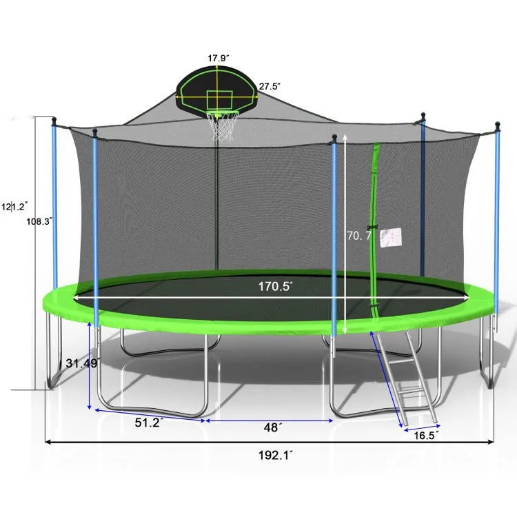 Jump Into Fun 16 FT Trampoline for Adults and Kids, Outdoor Trampoline with Basketball Hoop, Enclosure, Waterproof Mat and Ladder, Fitness Trampoline for Backyard for 8-9 Kids