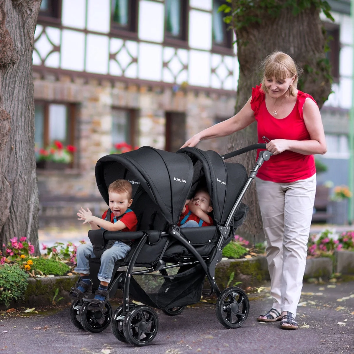 Babyjoy Double Stroller Foldable Baby Twin Lightweight Travel Stroller Infant Pushchair Black