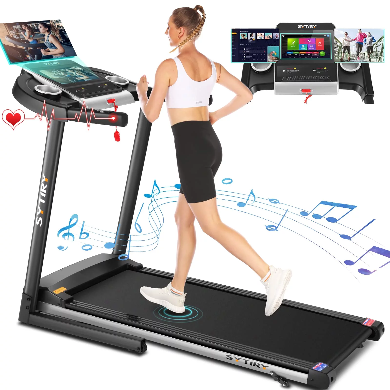 SYTIRY Treadmill with 10″ HD TV Movie Touchscreen and 3D Virtual Sports Scene, 3.25HP Folding Running Machine with Incline, Folding Treadmill with 300lb Weight Capacity for Home, Gym, Office