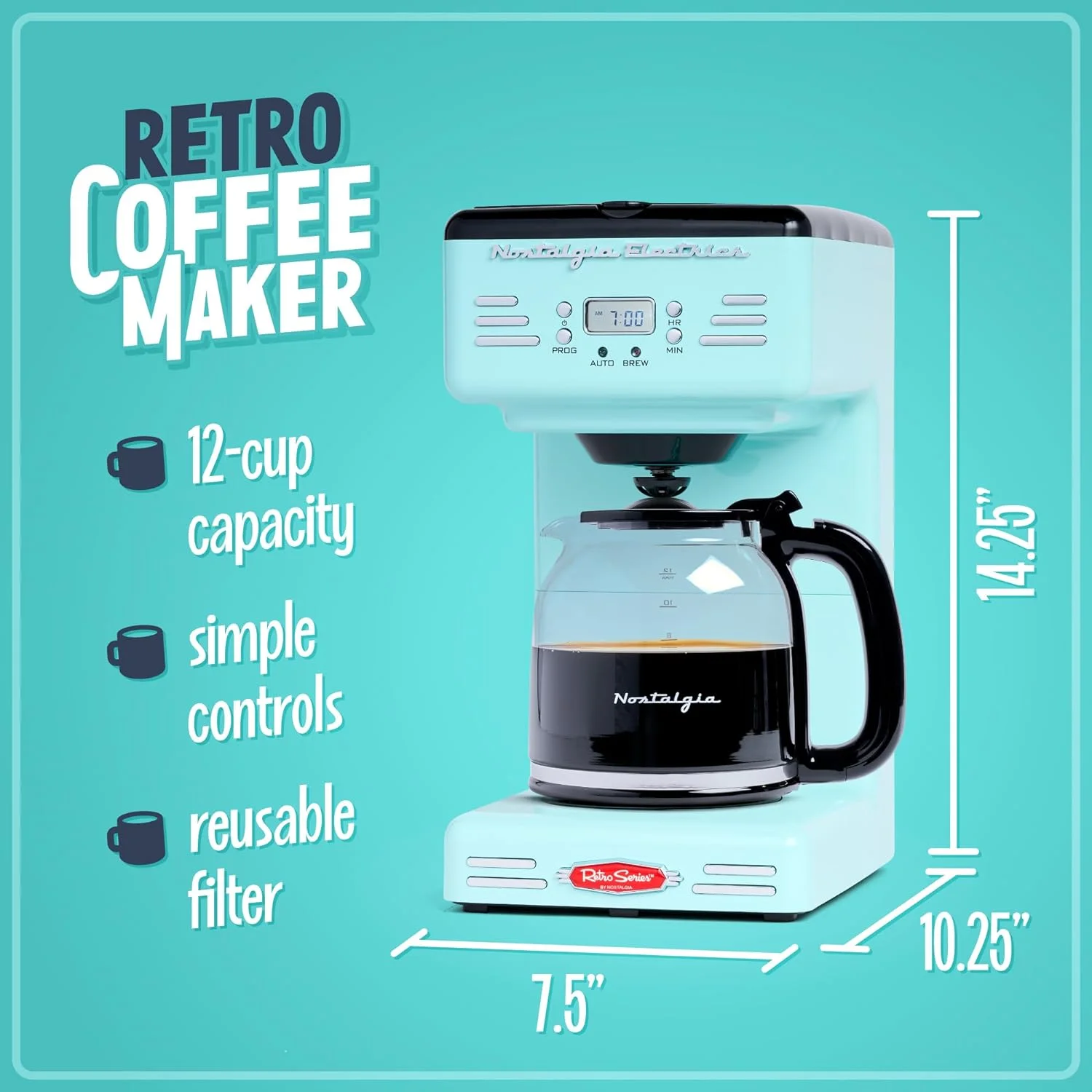 Nostalgia Retro Coffee Maker 12-Cup Programmable Vintage Coffee Machine, Aqua