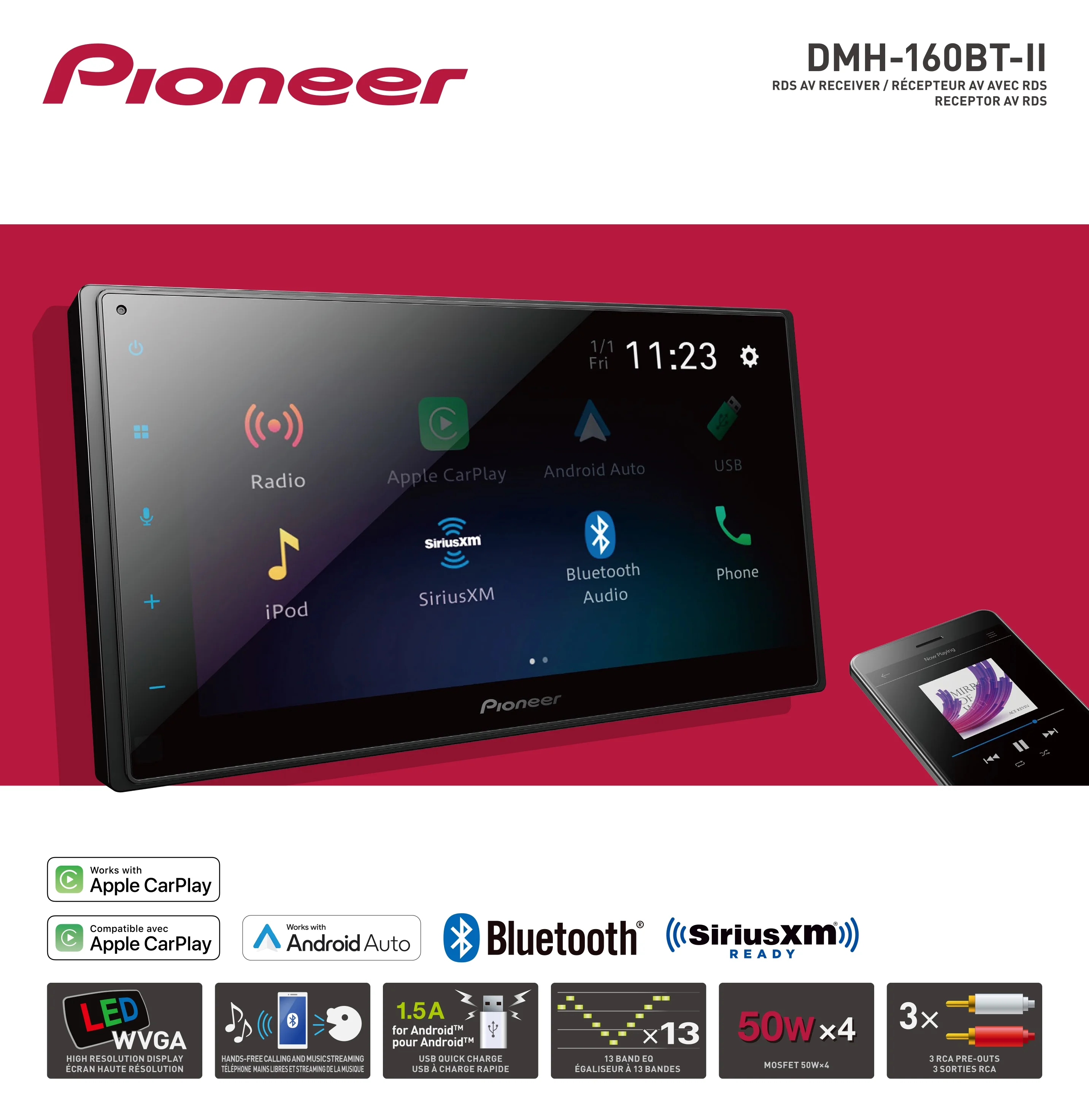 Pioneer DMH-160BT II Car Stereo Head Unit, Double Din, 6.8″ Touchscreen, CarPlay/Android Auto (New)