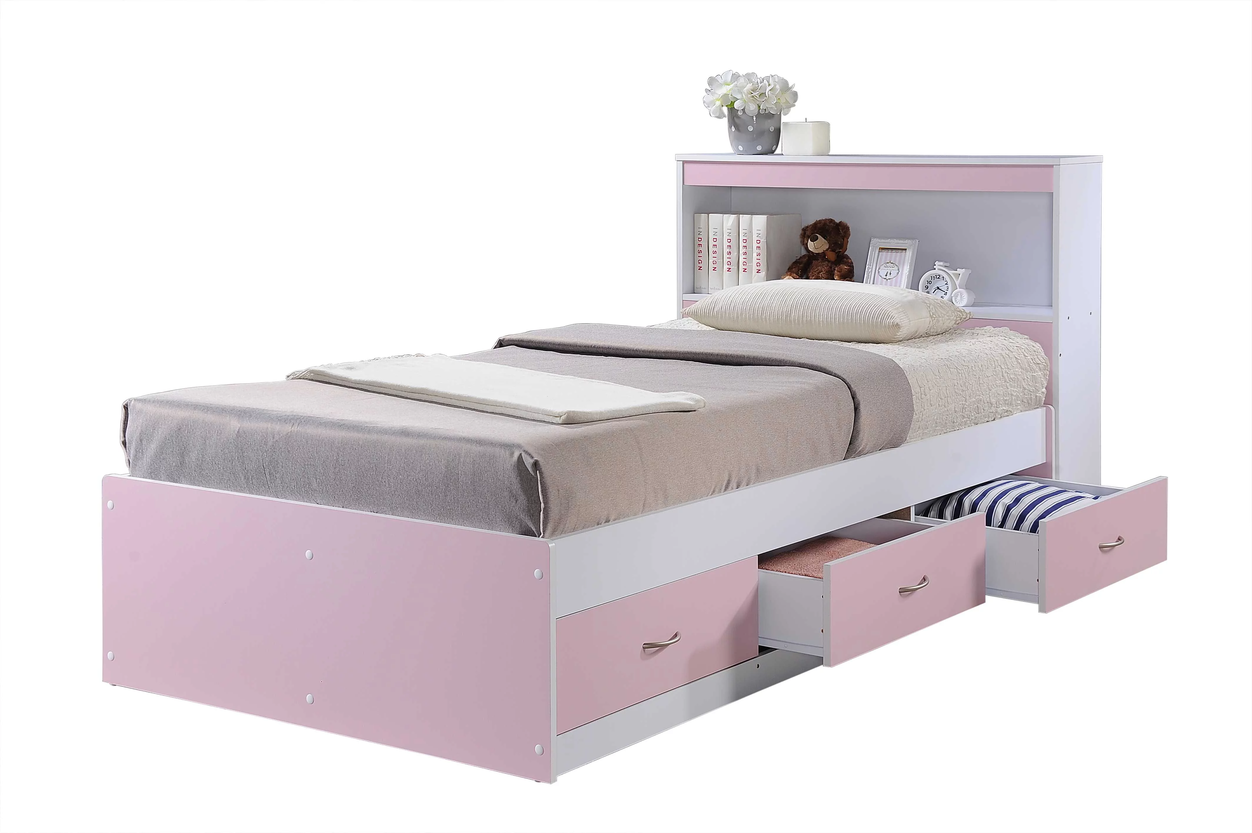 Hodedah Twin-Size Captain Bed with 3-Drawers and Headboard in White