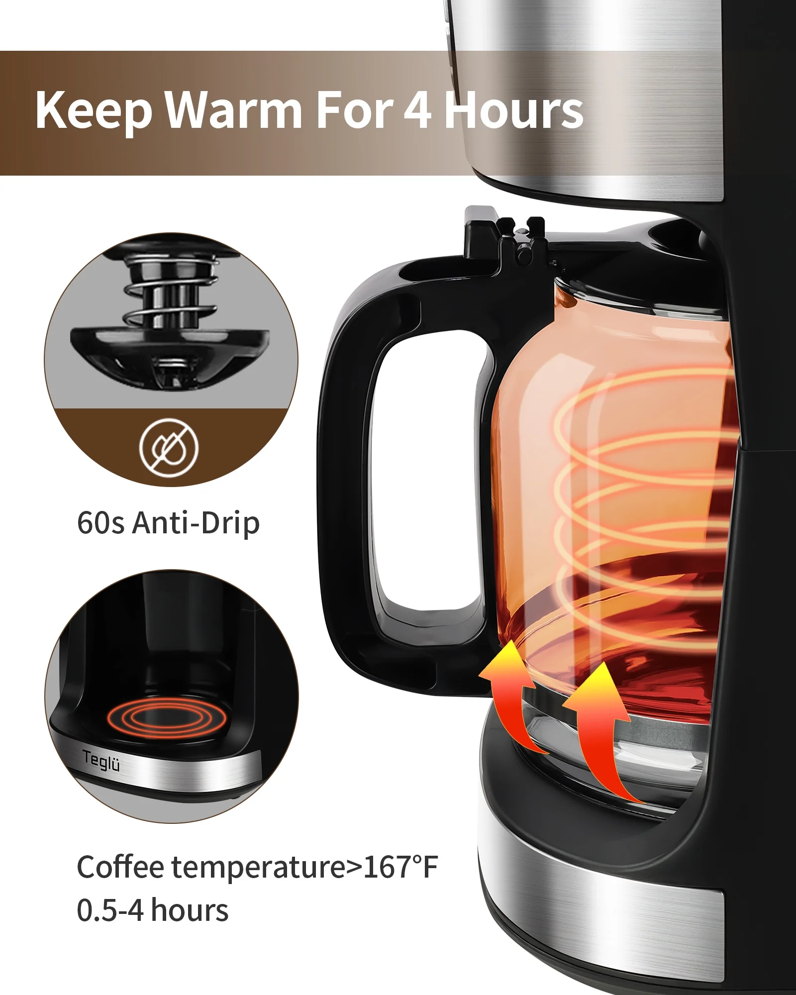 Teglu Coffee Maker with Grinder 12 Cups, Programmable Grind and Brew Coffee Machine with Warming Plate, Automatic Drip Coffee Pot with 60 oz Glass Carafe BPA Free, 950W, Black