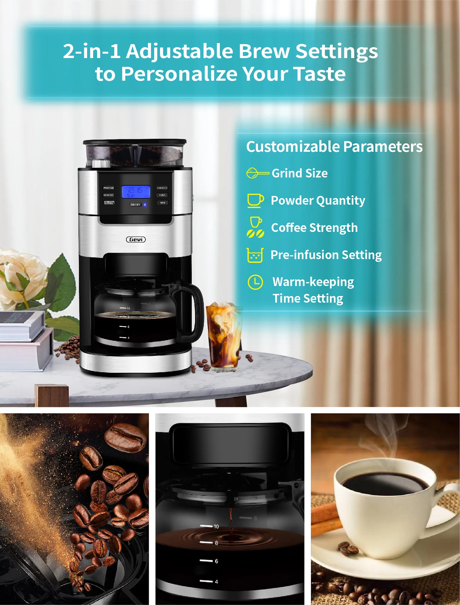 GEVI 10-Cup Programmable Grind and Brew Coffee Maker, Drip Coffee Make, Automatic Coffee Machine with Built-In Burr Coffee Grinder