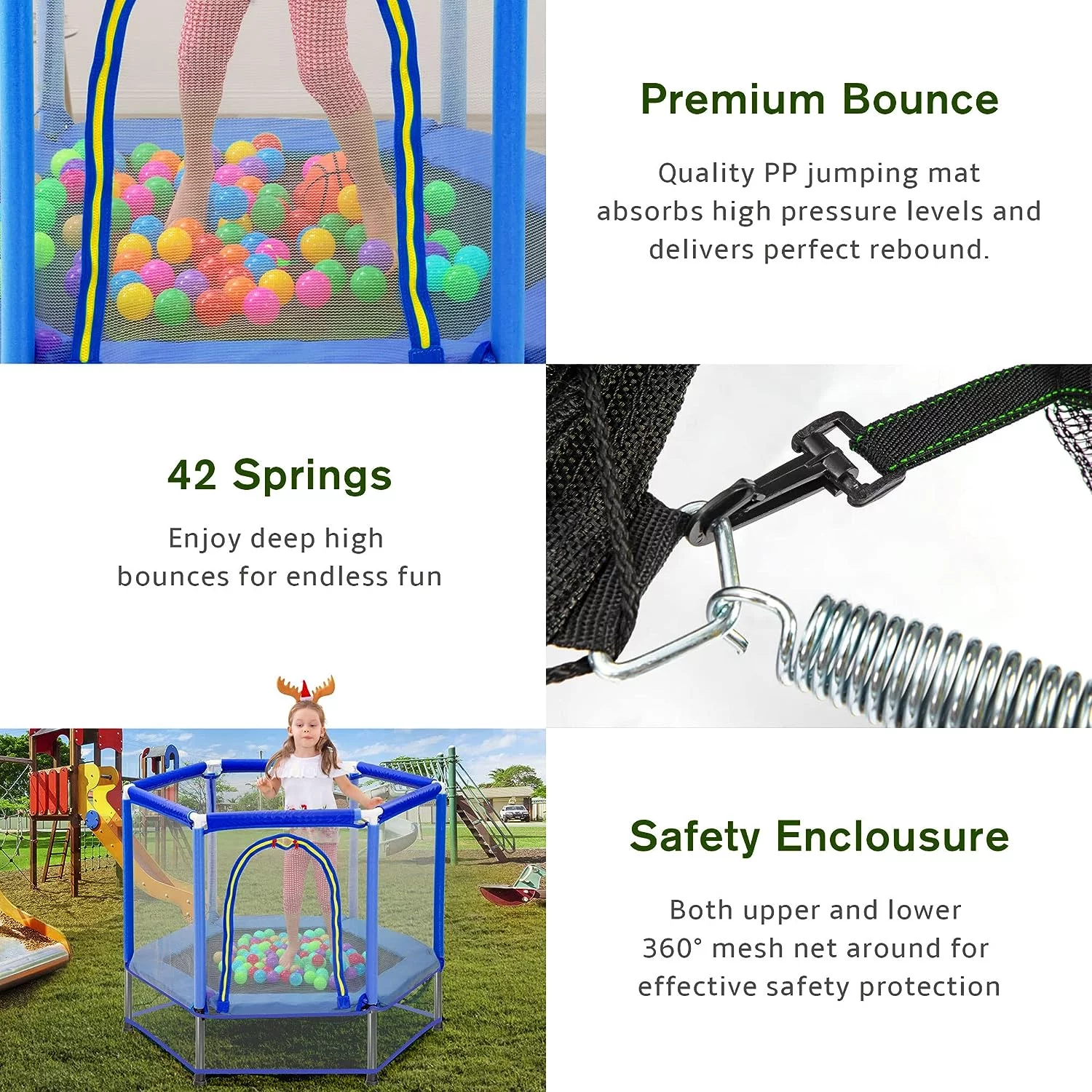 KOFUN 55″ Mini Trampoline for Kids, 4.5FT Indoor Outdoor Toddler Trampoline with Safety Enclosure Net and Pit Balls, Baby Small Trampoline Birthday Gifts for Boy and Girls Age 3 Months and up, Green