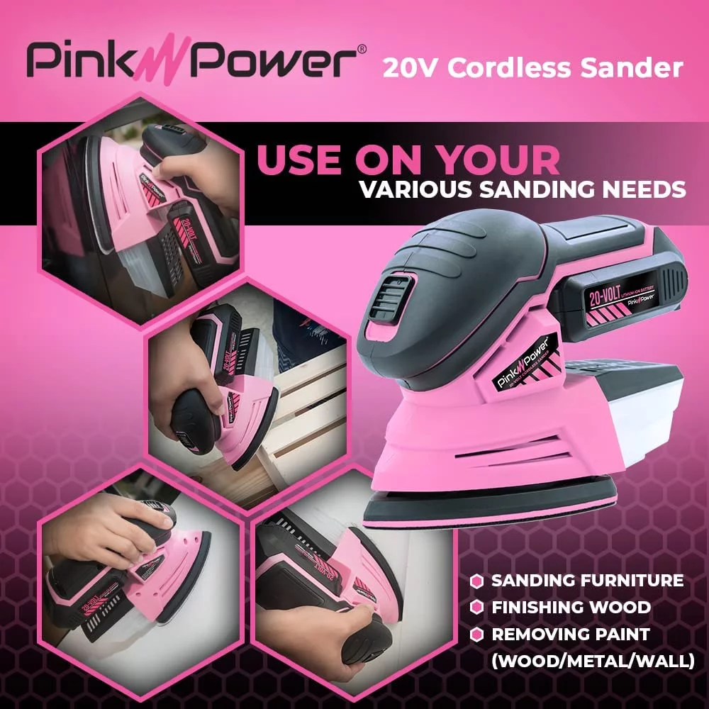 Pink Power Sander Tool – Detail Sander – Hand Sanders for Wood – 20V Palm Sander Cordless for Woodworking with Sandpaper, Li-Ion Battery & Charger