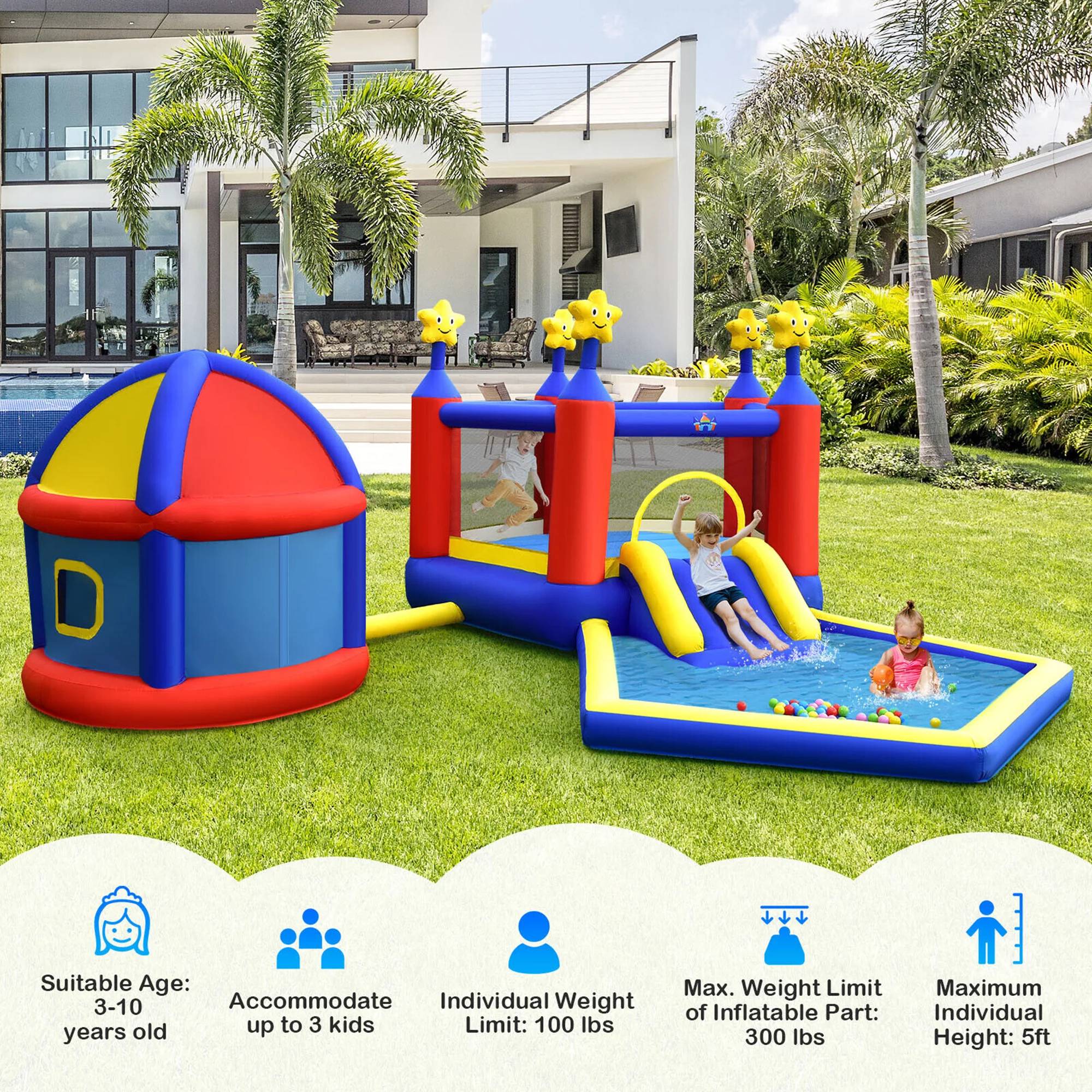 Gymax Kids Inflatable Bouncy Castle w/Slide Large Jumping Area Playhouse & 735W Blower