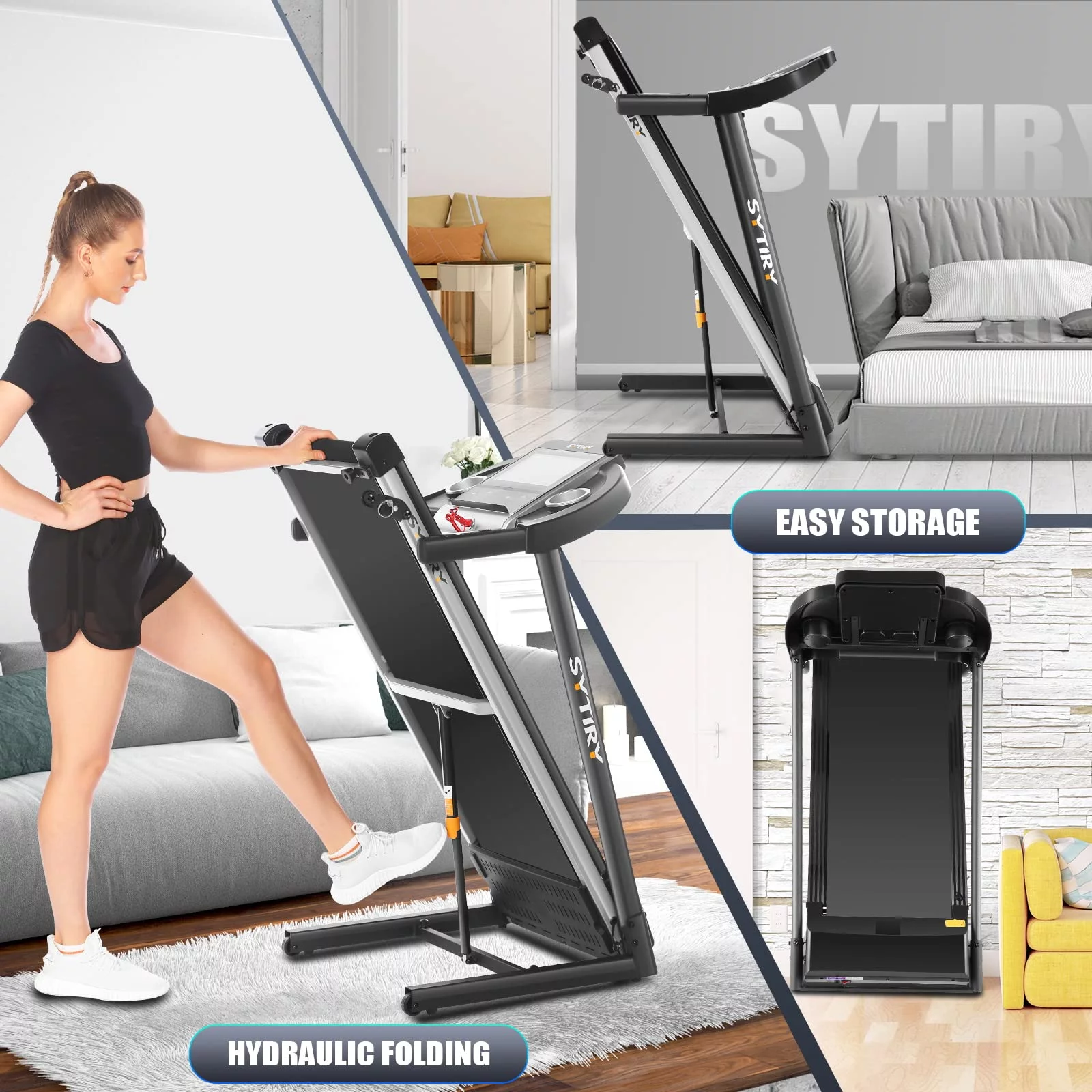 SYTIRY Treadmill with 10″ HD TV Movie Touchscreen and 3D Virtual Sports Scene, 3.25HP Folding Running Machine with Incline, Folding Treadmill with 300lb Weight Capacity for Home, Gym, Office