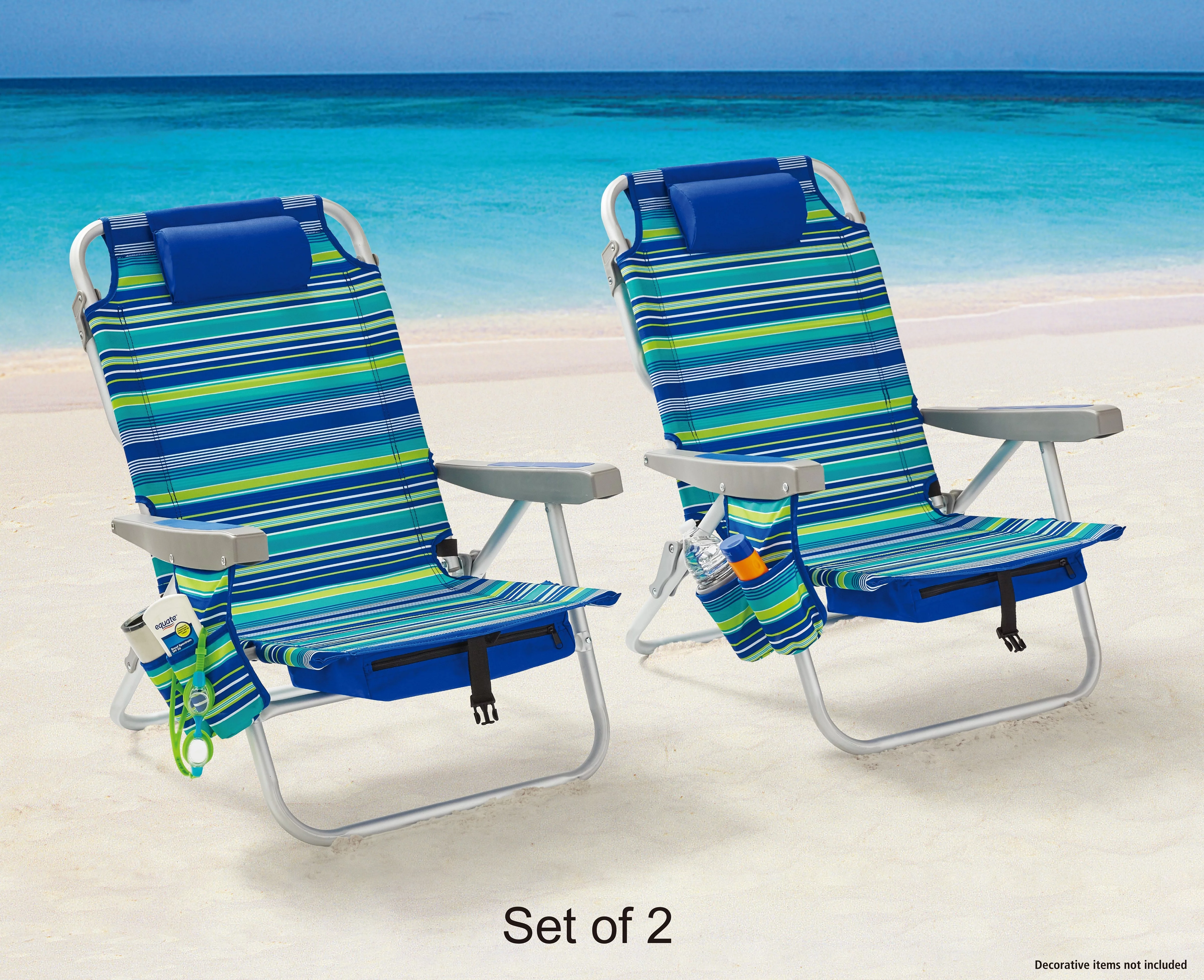 2-Pack Mainstays Reclining Beach & Event Lay-Flat Backpack Chair Blue & Green Stripe