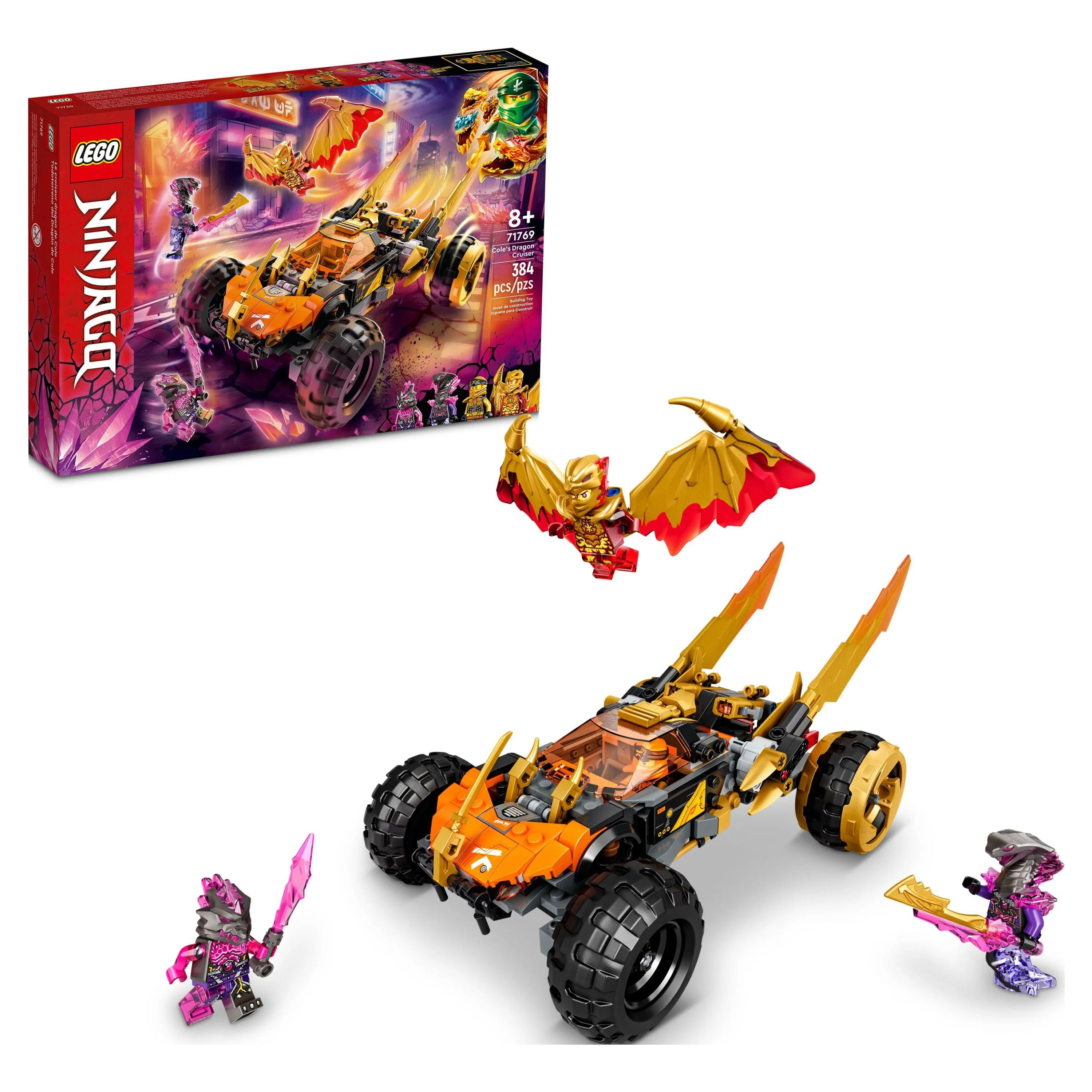 LEGO NINJAGO Cole’s Dragon Cruiser Car Toy, 71769 Ninja Toys with Golden Kai, Cole and Snake Warrior Minifigures, Gifts for Kids, Boys & Girls