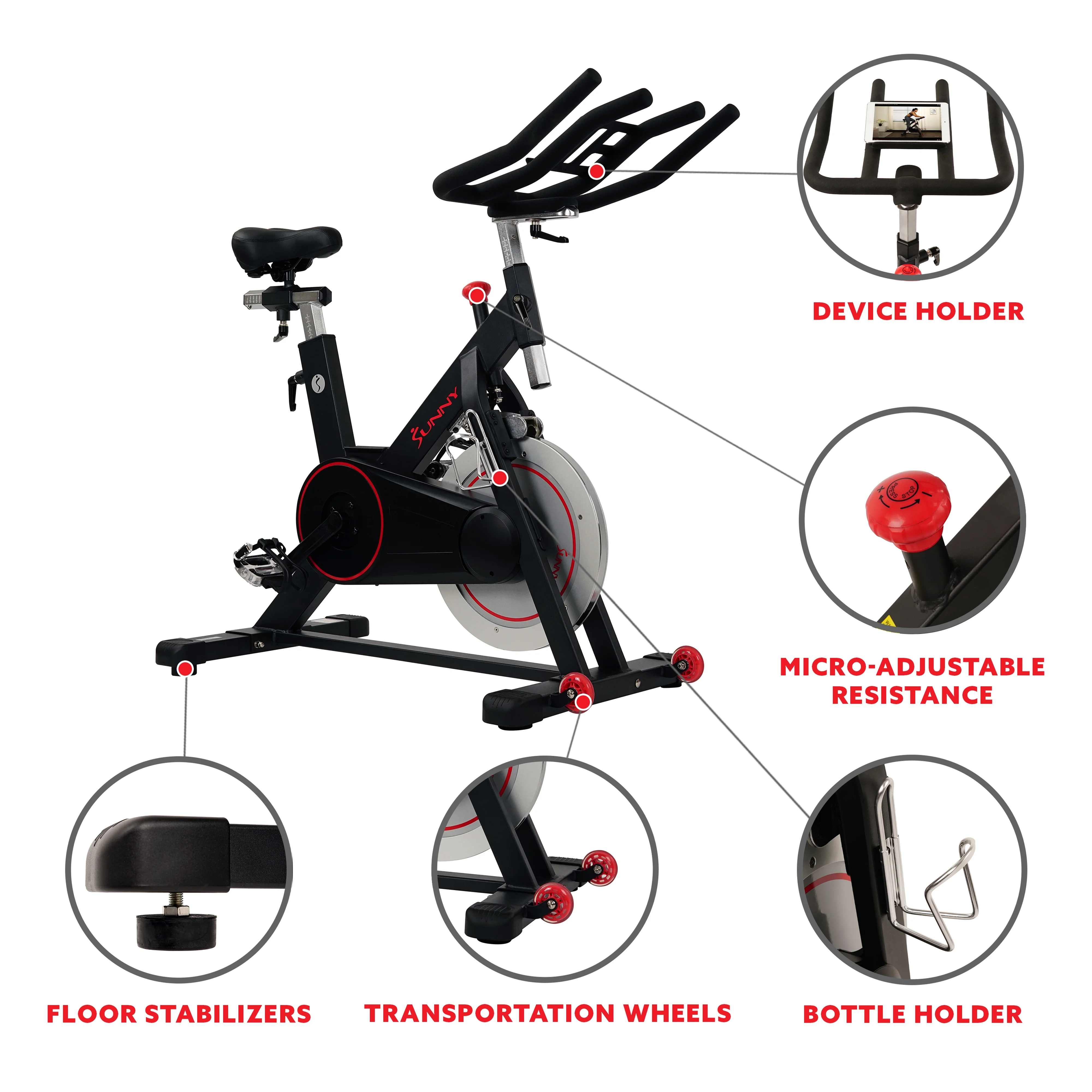 Sunny Health Fitness Magnetic Belt Drive Indoor Stationary Cycle Exercise Bike, High Weight Capacity, Device Mount, SF-B1805