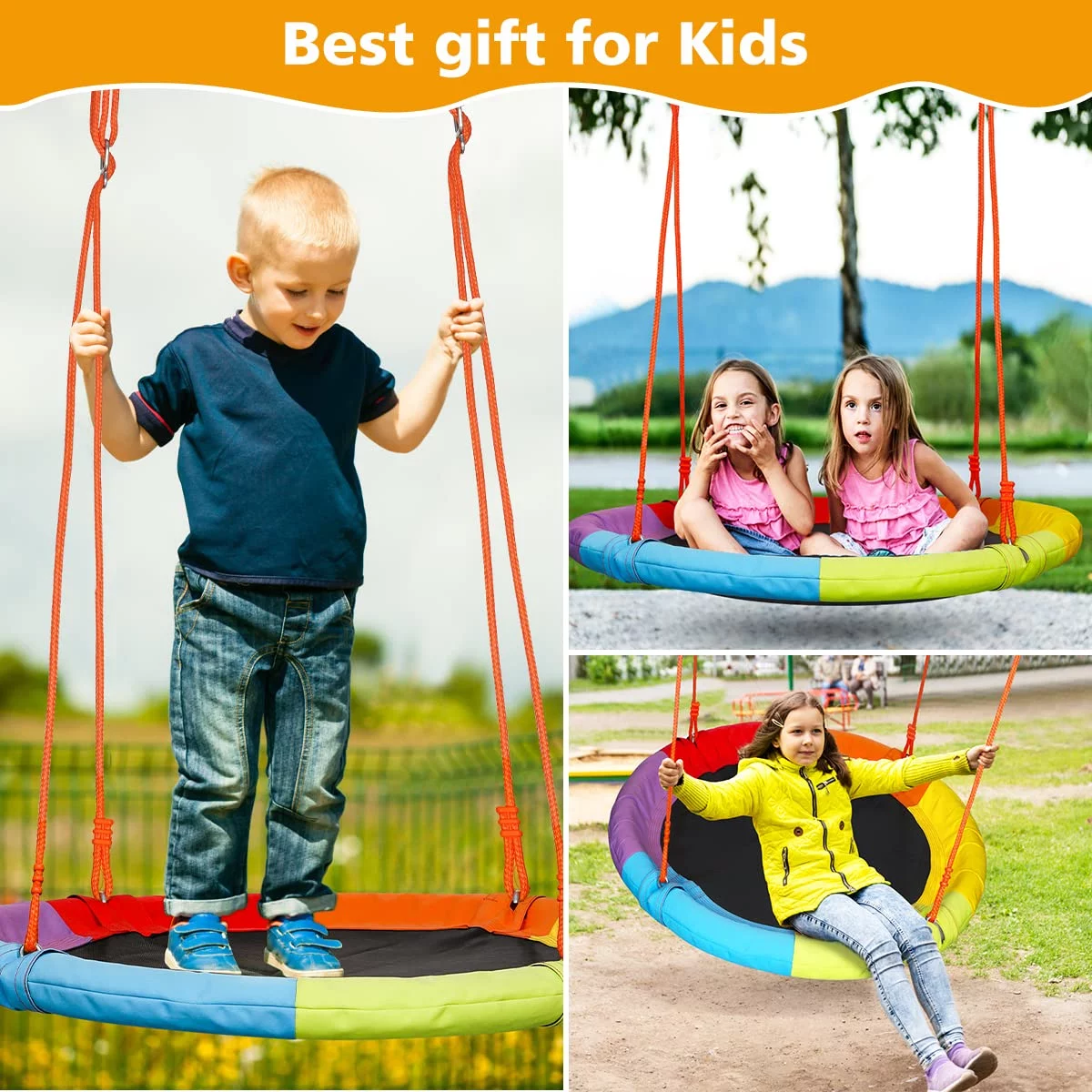 Tiikiy Swing Set with Saucer, 440lbs Saucer Swing with Stand for 2-3 kids Outdoor Play, 40in Round Saucer Swing Adjustment Rope, Rainbow