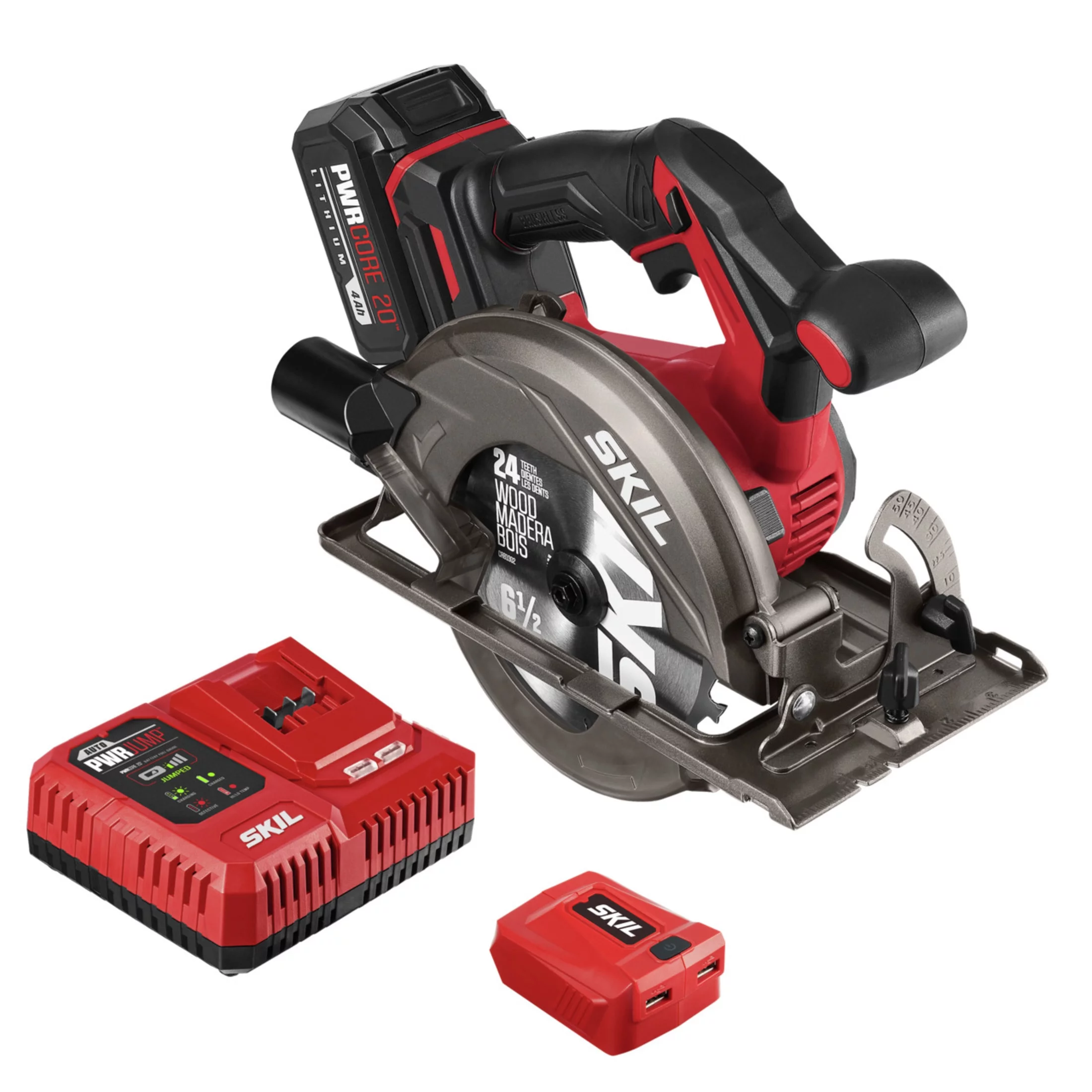 SKIL PWR CORE 20 Brushless 20-Volt 6.5 in Circular saw Kit with 4.0 Ah Lithium Battery and PWR JUMP Charger