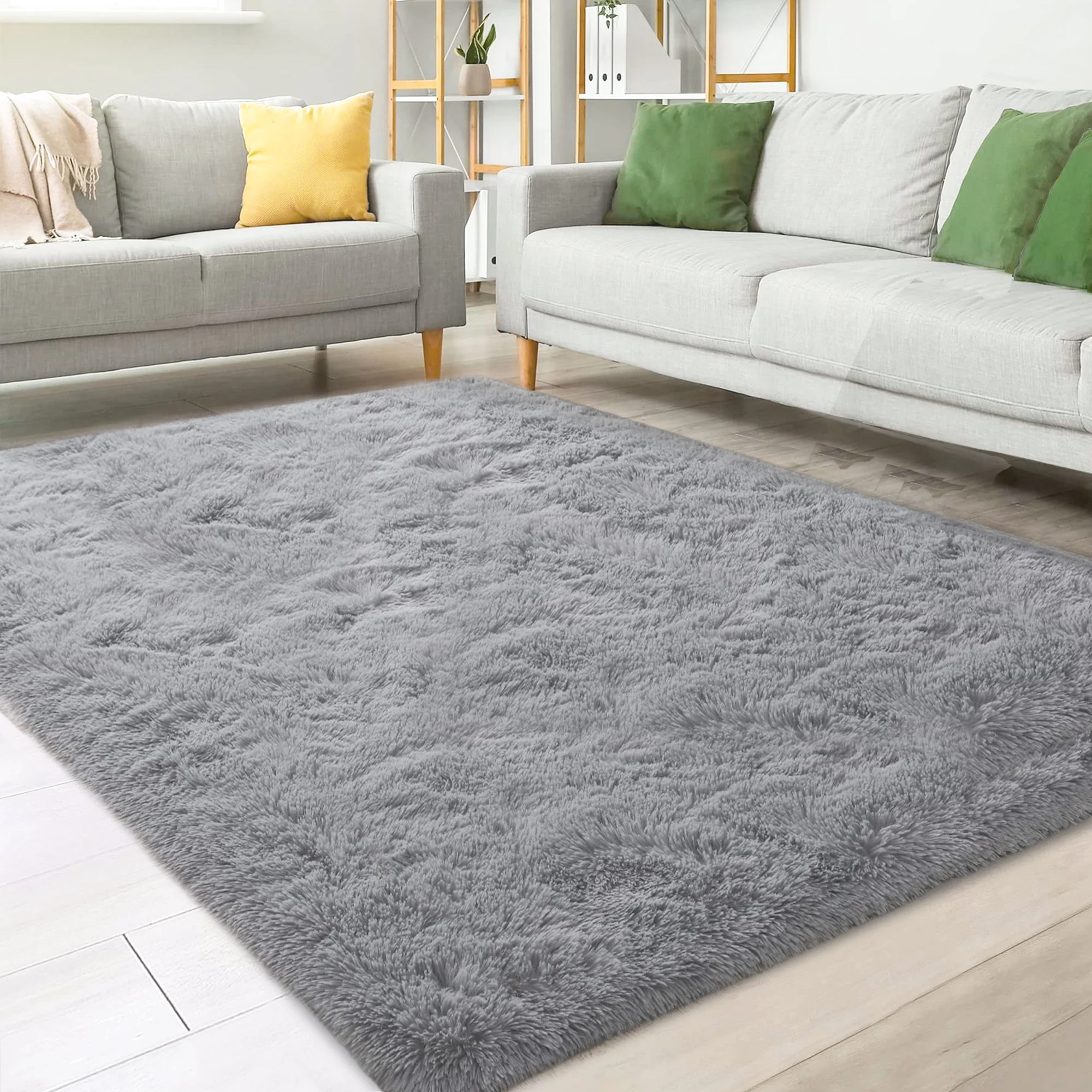 Nefoso Shag Light Gray Area Rug, 8′ x 10′ Soft Fluffy Area Rugs for Living Room Bedroom Kids Room Decor Carpet, Light Gray