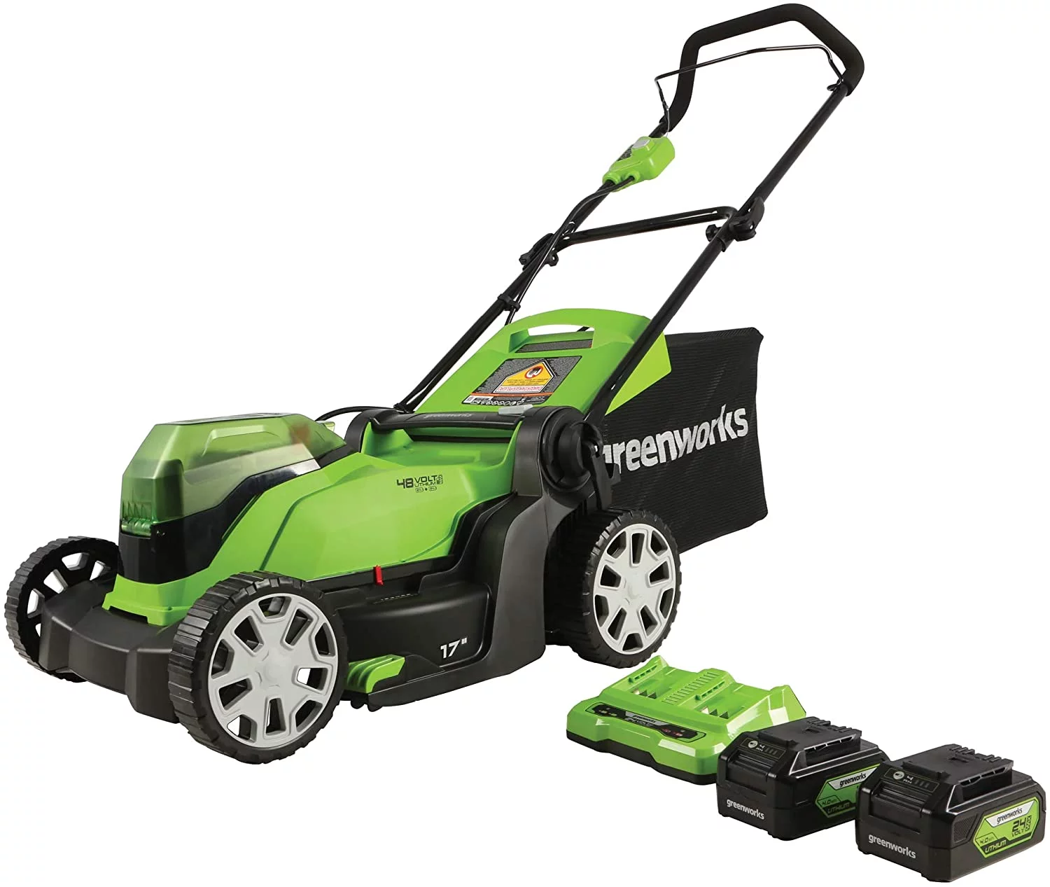 Greenworks 48V (2x24V) 17″ Battery-Powered Push Lawn Mower with 2 x 24V 4Ah Batteries & Dual Port Charger 2526302