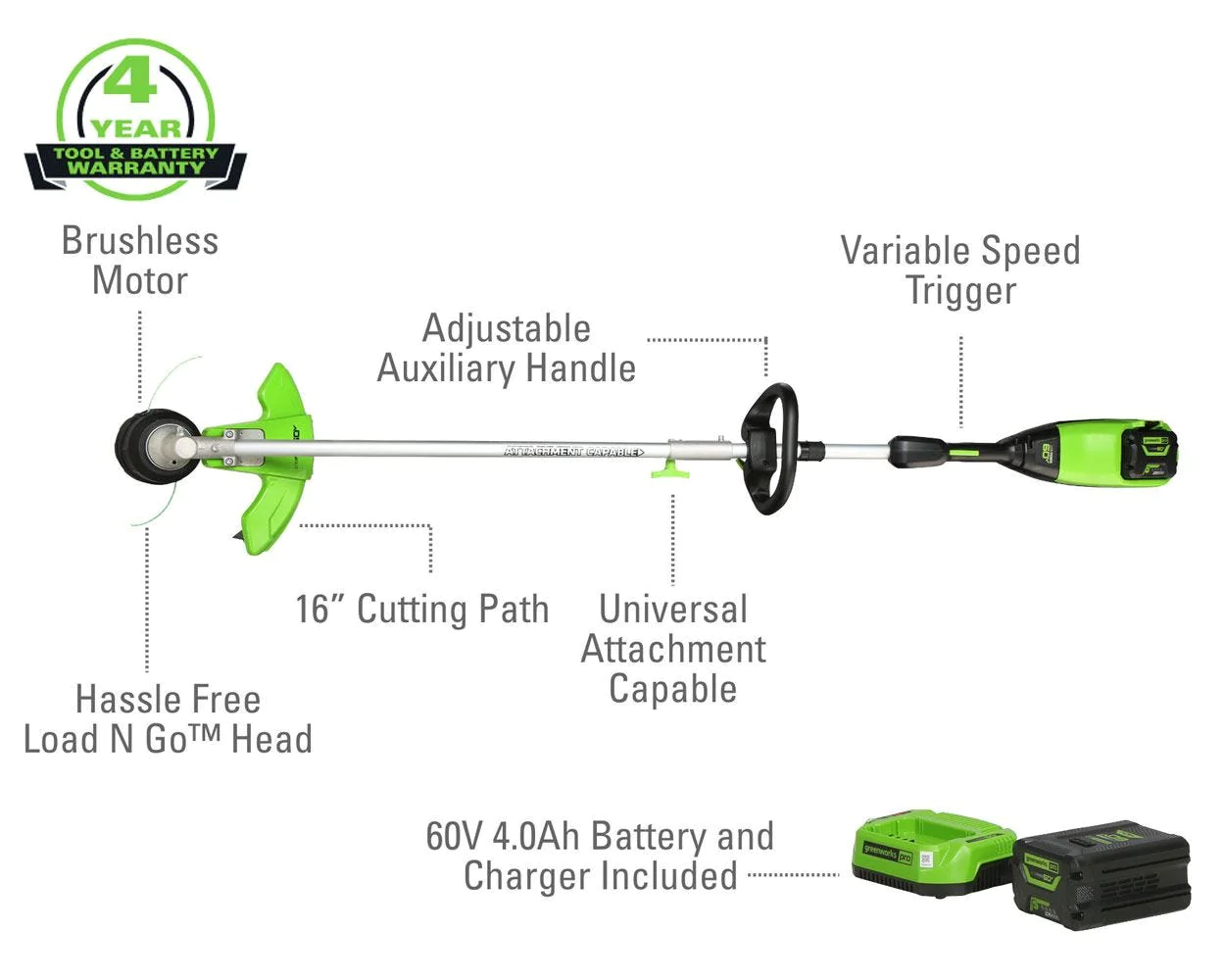 Greenworks 60V 16″ Cordless Battery String Trimmer (Attachment Capable) with 4.0Ah Battery & Charger