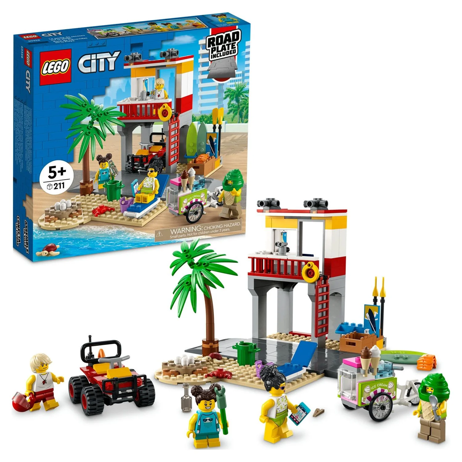 LEGO City Beach Lifeguard Station 60328 Building Kit for Ages 5+, with 4 Minifigures and Crab and Turtle Figures (211 Pieces)