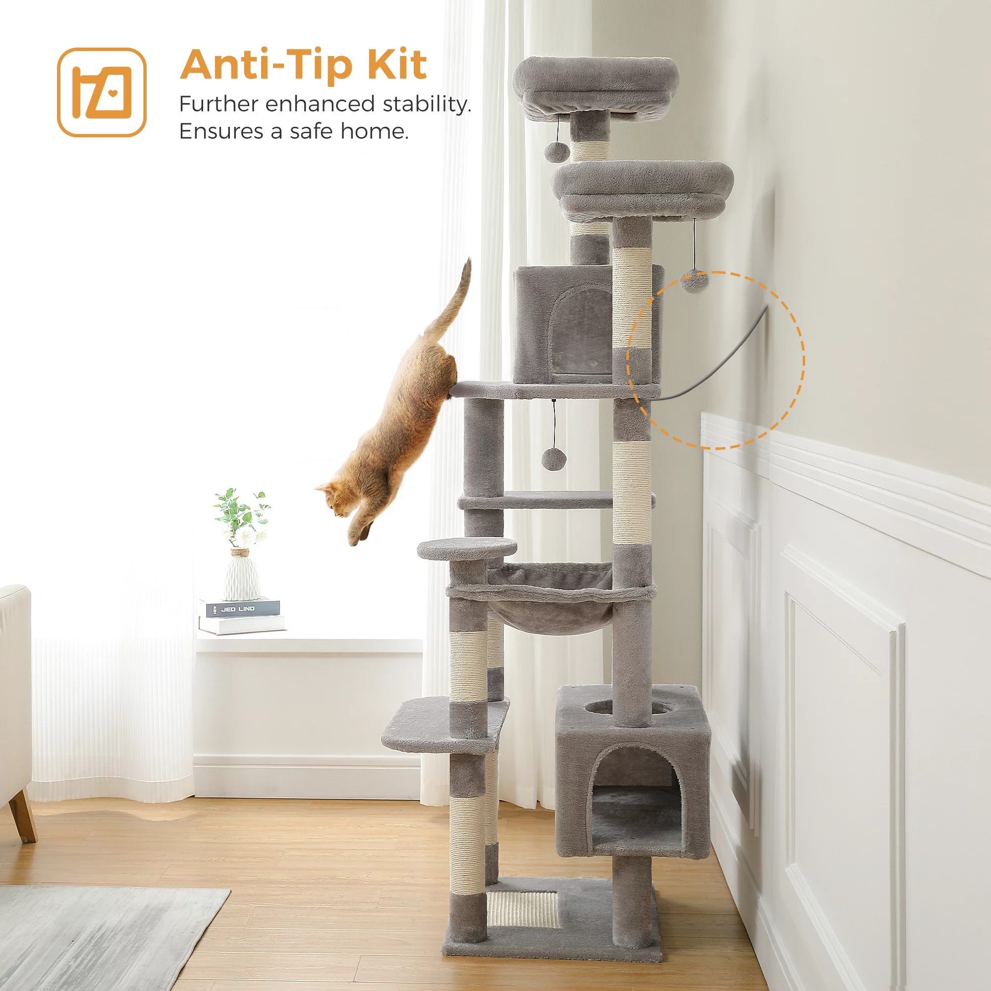 PAWZ Road 73″ Cat Tree for Large Cats Multi Level Tall Cat Tower Condo with 7 Scratching Posts, Gray