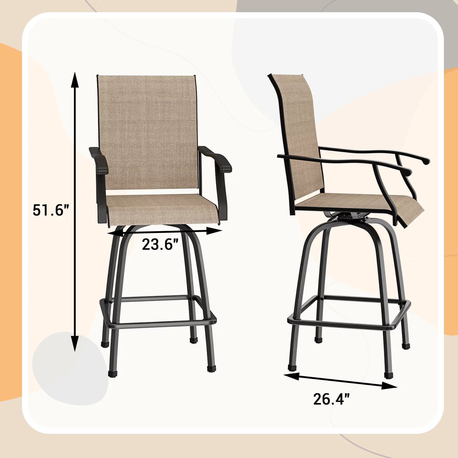 Devoko Outdoor High Bar Bistro Chair Set Patio Outdoor Textilene Swivel Chair and Tempered Glass Table Set of 3, Light Brown, Steel