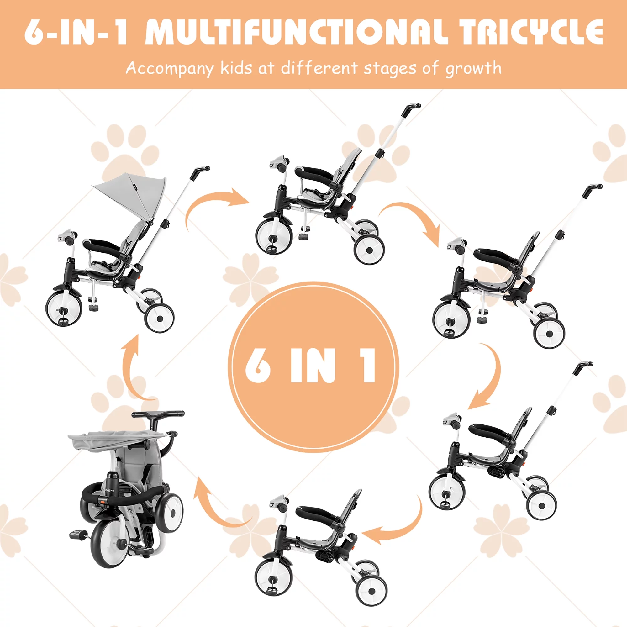 Babyjoy 6-in-1 Folding Baby Tricycle Toddler Bike Stroller W/ Adjustable Handle Gray