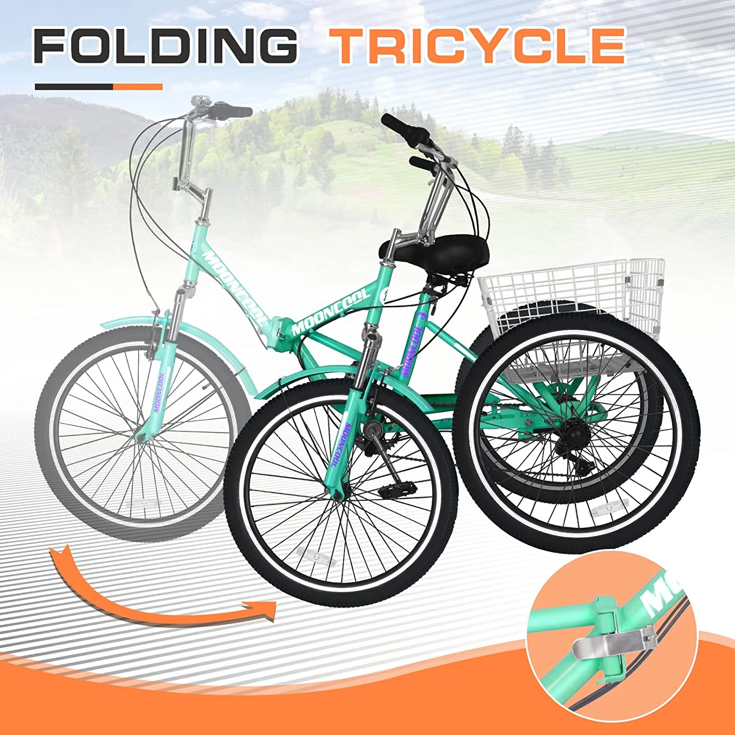 Slsy Adult Folding Tricycles, 7 Speed Folding Adult Trikes, 20 24 26 Inch 3 Wheel Bikes with Large Size Basket, Foldable Tricycle for Adults, Women, Men, Seniors