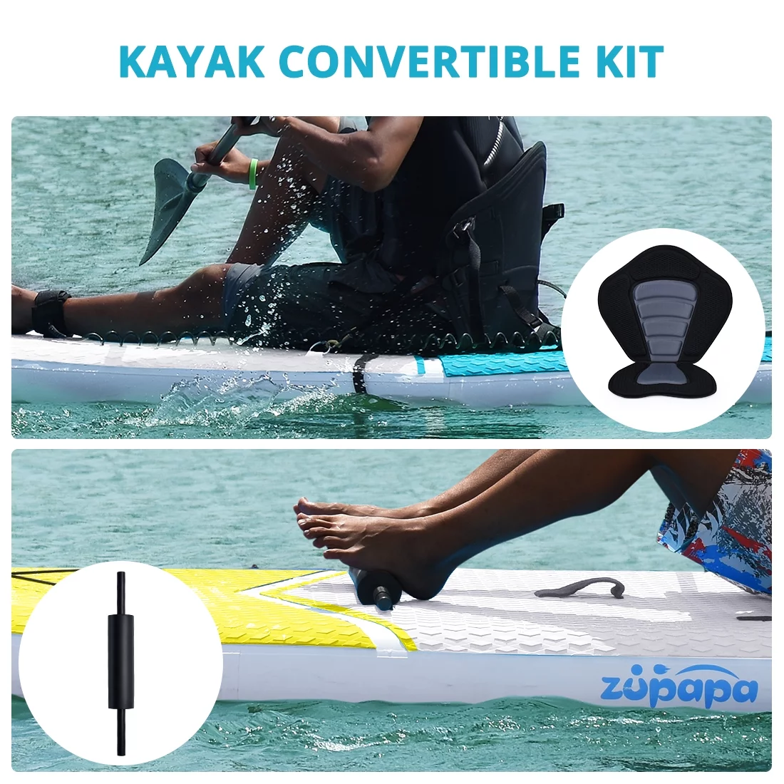 Zupapa Inflatable Stand Up Paddle Board with Kayak Convertible Seat and Non-Slip Deck – Perfect for Adults, Kids, and Dogs