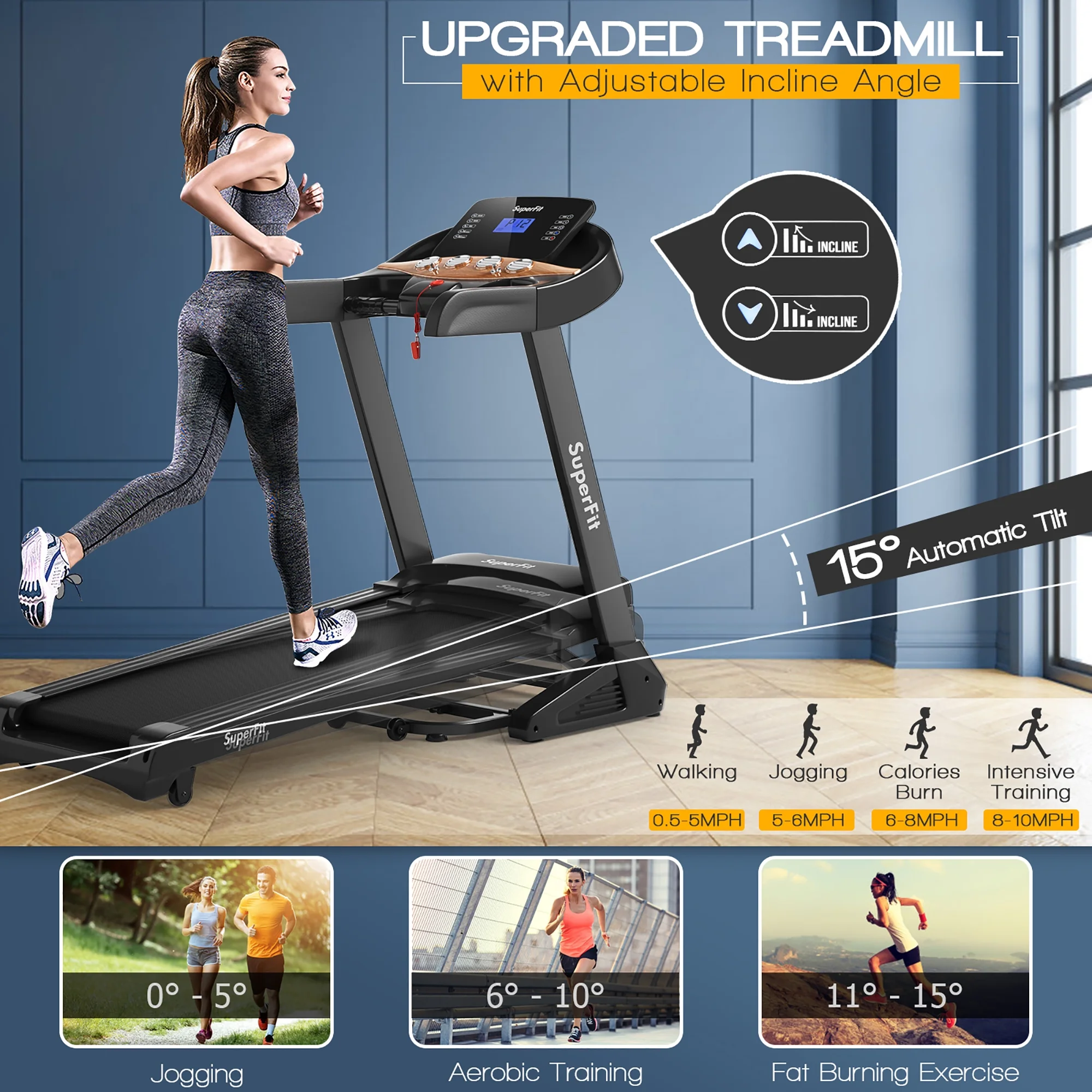 Superfit 3.75HP Electric Folding Treadmill W/Auto Incline 12 Program APP Control