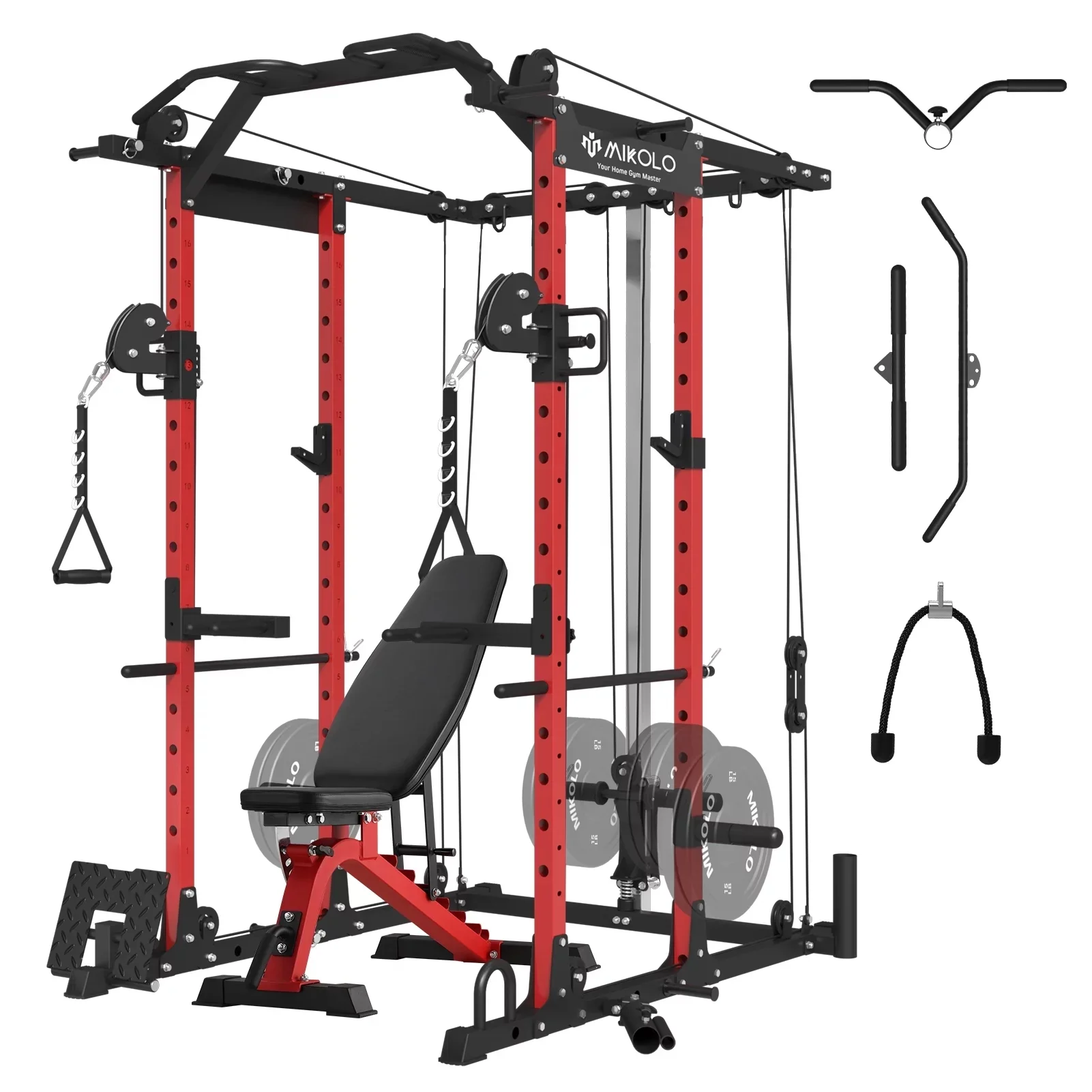 Mikolo Power Rack Cage, 1500 lbs Weight Rack with Cable Crossover Machine,Multi-Function Squat Rack with J Hooks,Dip Bars and Landmine for Home Gym (Red)