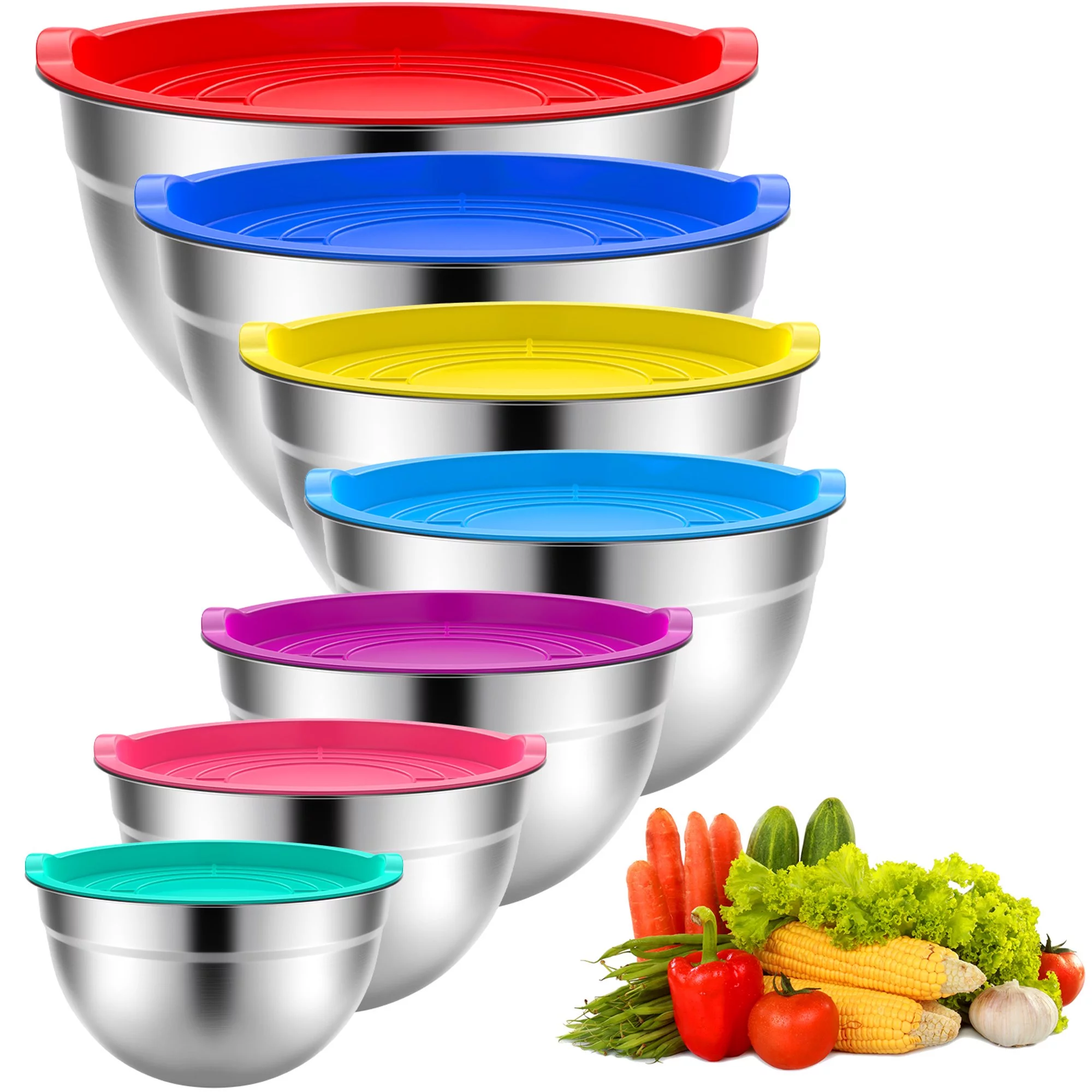 TINANA Mixing Bowls with Lids: Stainless Steel Mixing Bowls Set – 7PCS Metal Nesting Mixing Bowls for Kitchen, Size 7, 4.5, 3, 2, 1.5, 1, 0.7 QT, Great for Prep, Baking, Serving-Multi-Color