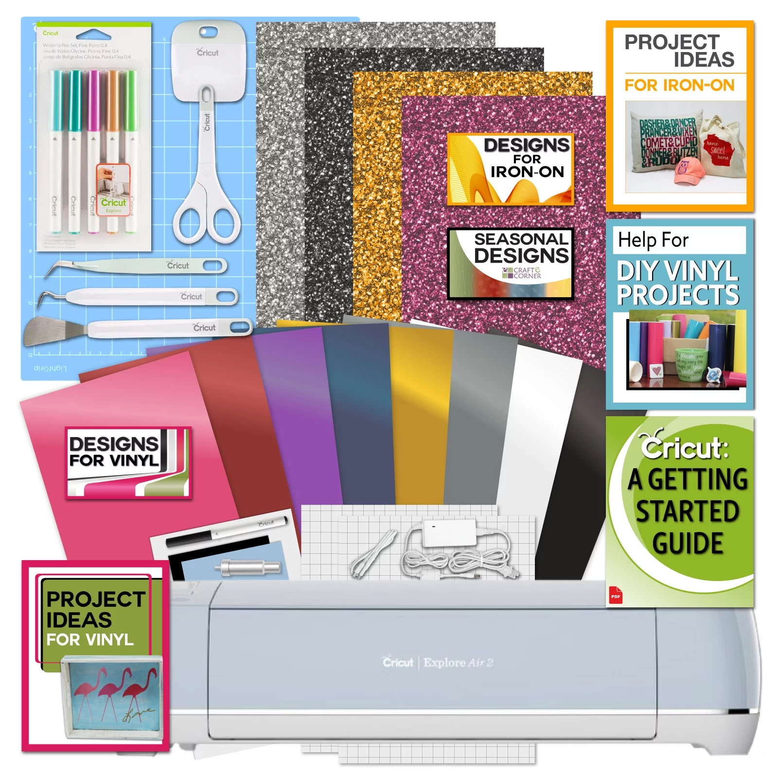 Cricut Explore Air 2 Machine with Vinyl Sampler Pack, Glitter Iron-On, Tool Kit, Pen Set and Cutting Mat Bundle