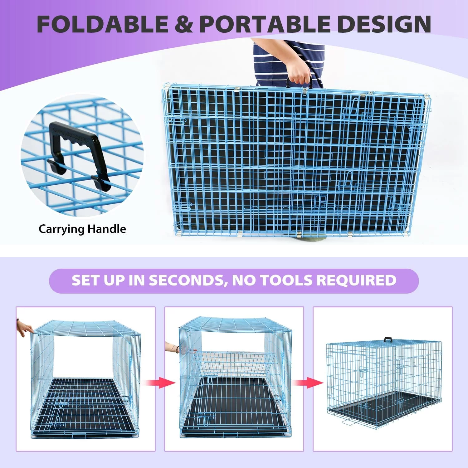 BestPet Folding Dog Crate with Divider and Tray, 42″L