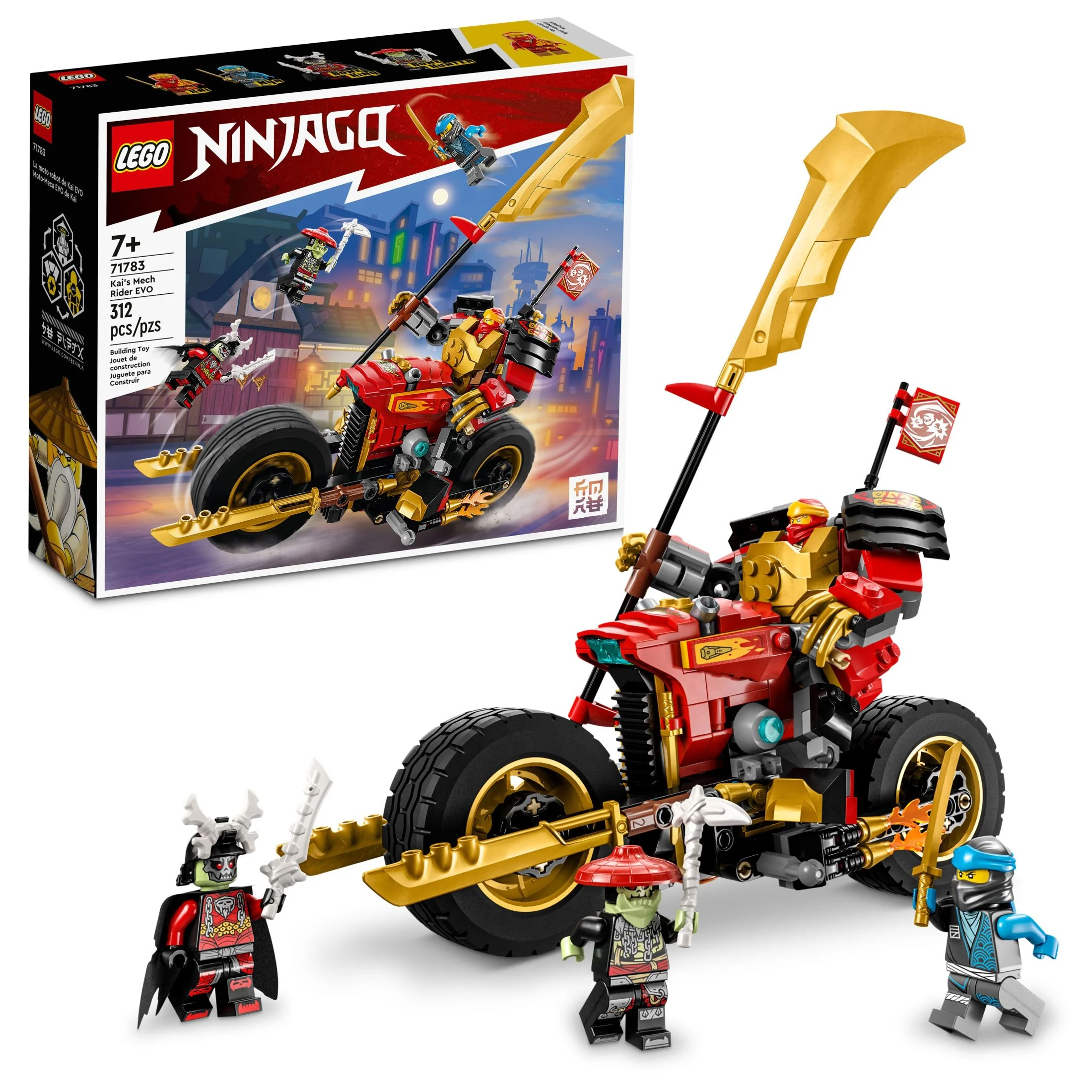 LEGO NINJAGO Kai’s Mech Rider EVO 71783, Upgradable Ninja Motorbike Toy, Mech Action Figure and 2 Bone Warrior Minifigures, Toys for Kids 7 Plus Years Old