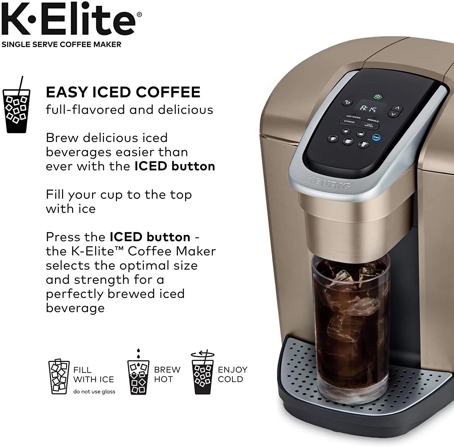 Keurig K-Elite Coffee Maker, Single Serve K-Cup Pod Coffee Brewer, With Iced Coffee Capability, Brushed Gold