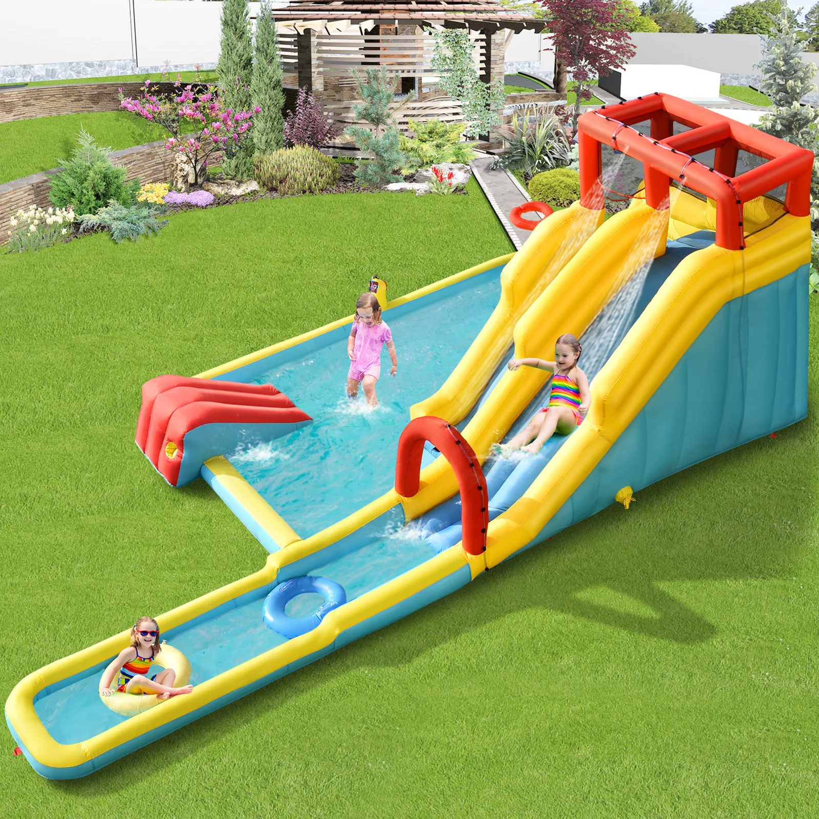 Topbuy Inflatable Water Slide Castle House Water Gun & Climbing Wall (Without Blower)