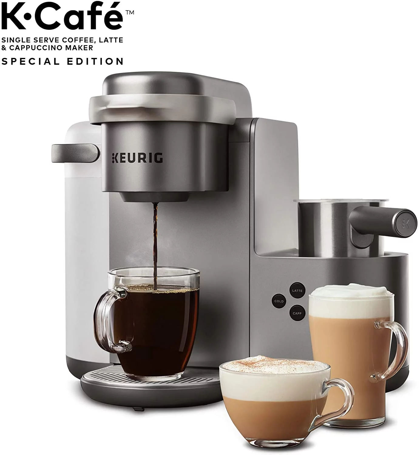 Keurig K-Cafe Special Edition Coffee Maker, Single Serve K-Cup Pod Coffee, Latte and Cappuccino Maker, Comes with Dishwasher Safe Milk Frother, Coffee Shot Capability, Nickel