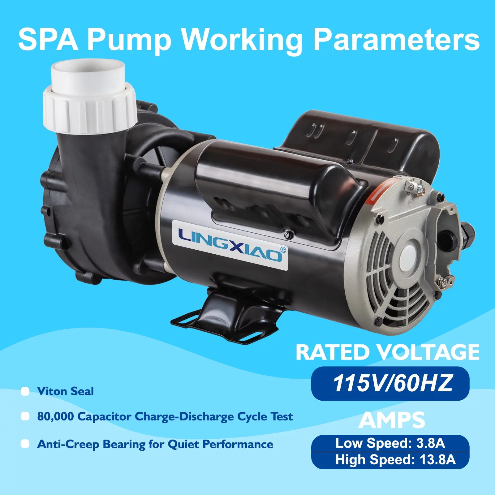 LINGXIAO SPA Pump, 2 Speed Hot Tub SPA Pump, 2HP LX SPA Pump Motor, 115V/60HZ, 2″ Port – Model: 48WUA1501C-II