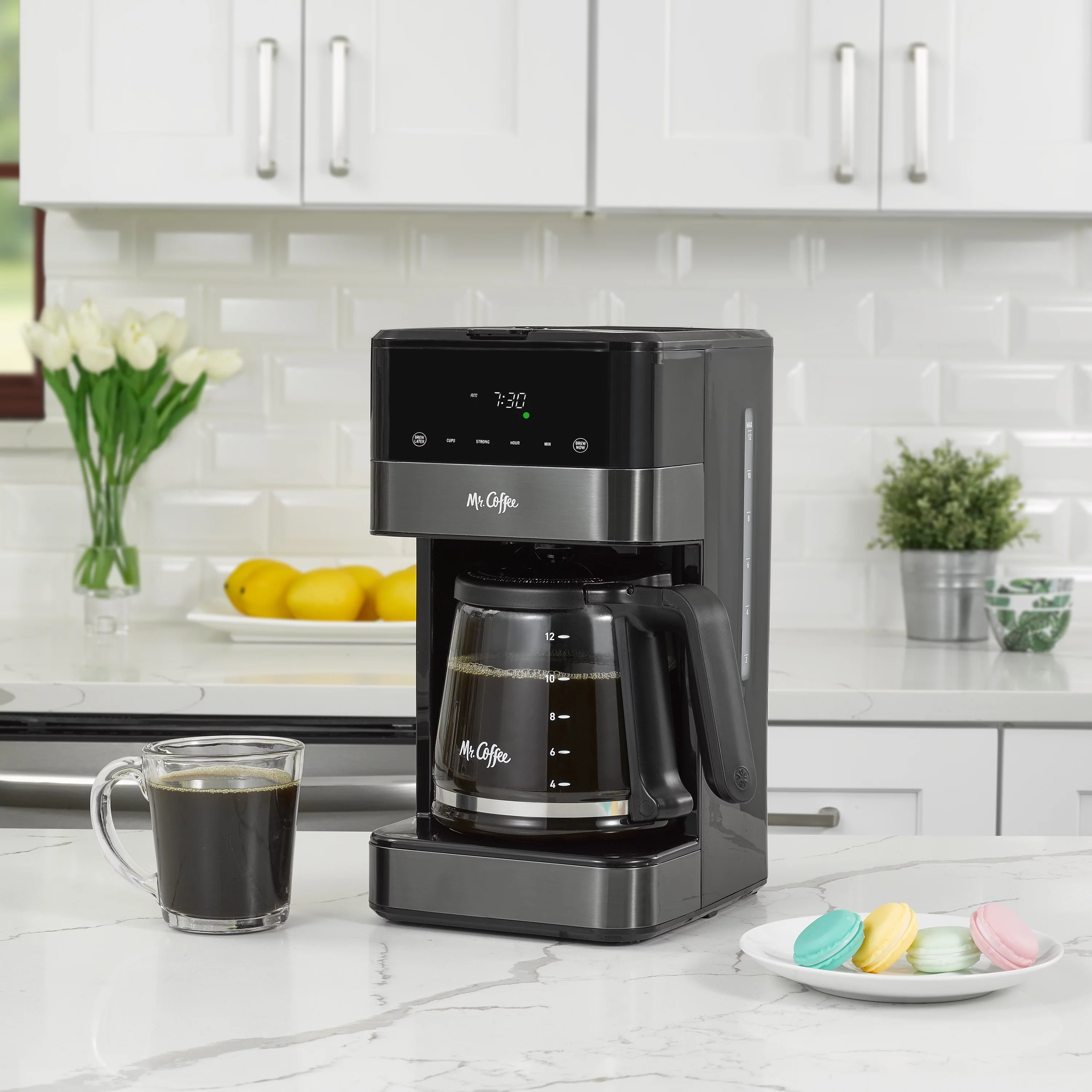 Mr. Coffee 12 Cup Programmable Coffee Maker, LED Touch Display, Black Stainless