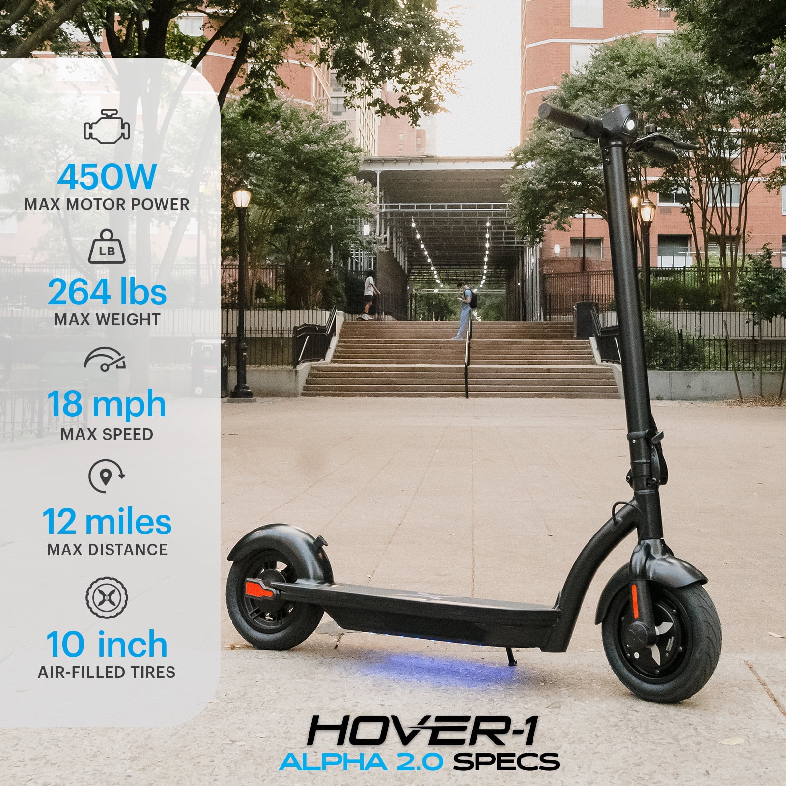 Hover-1 Alpha 2.0 Self Balancing Electric Scooter for Teens, 18 mph Max Speed, LED Lights, 44 in. x 49 in, UL 2272 Certified, Black