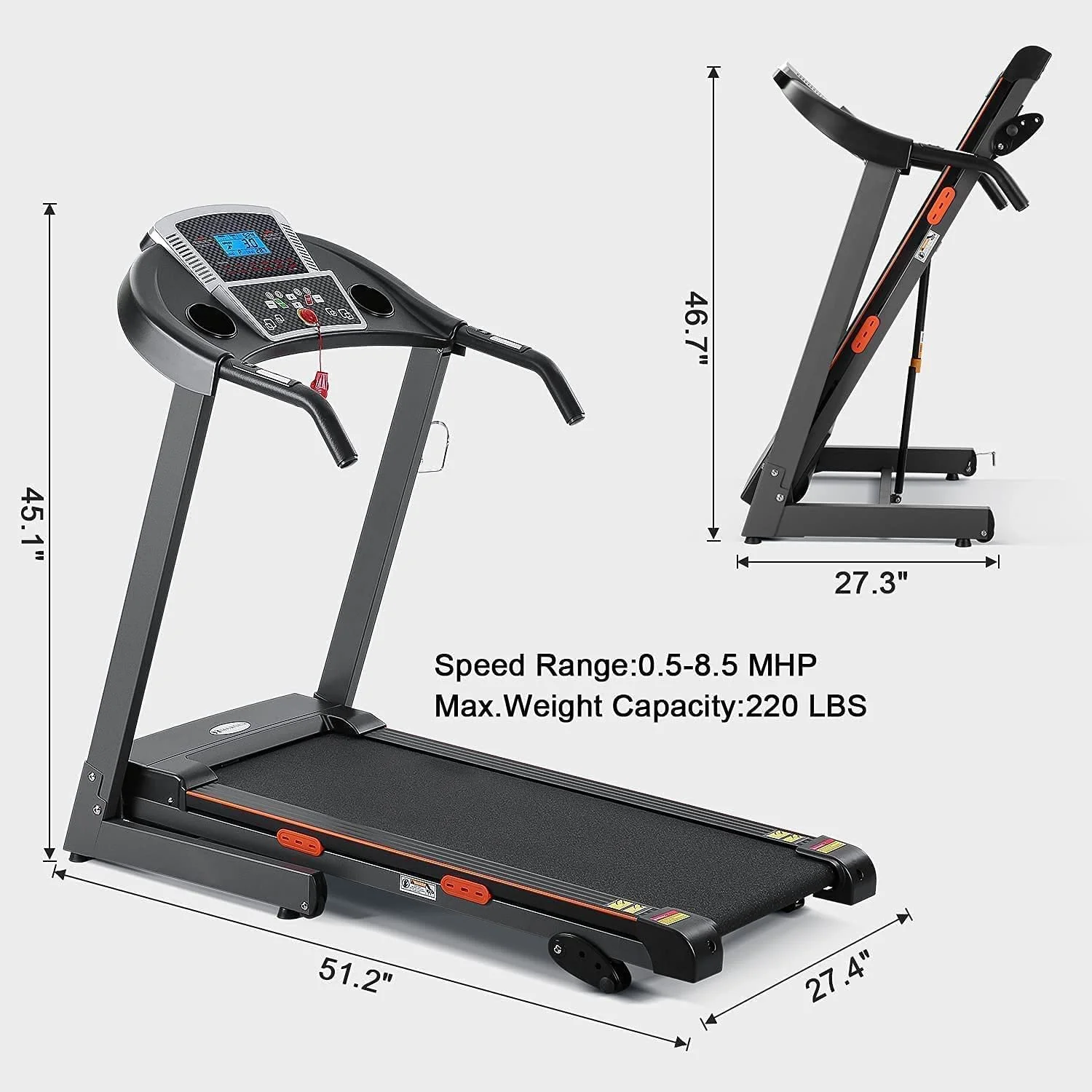 Electric Treadmill Incline Foldable Jogging Machine with 15 Pre-Set Fitness Exercise Programs and Max 220lbs