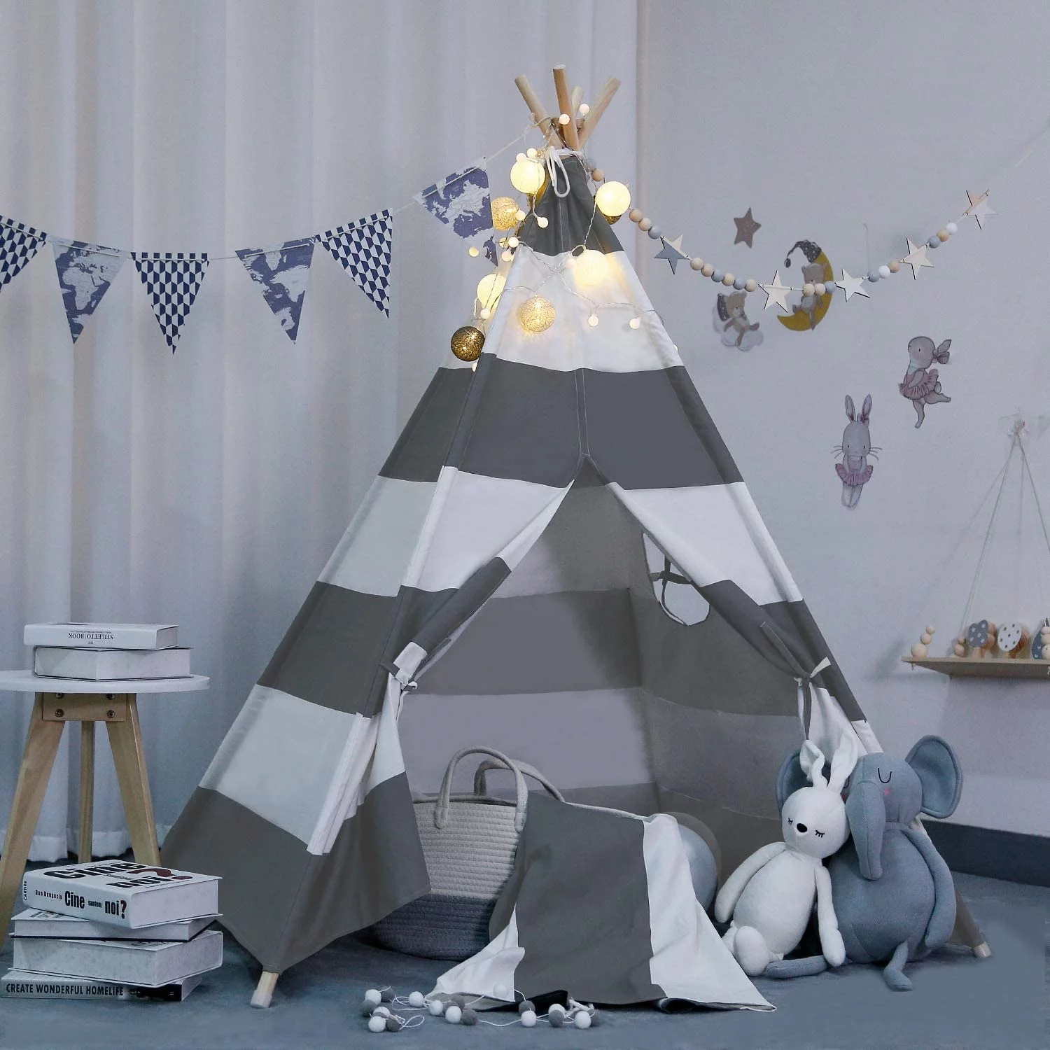 Kids& Pets 6ft Teepee Tent Playhouse 100% Natural Cotton Canvas with Window & Carrying Bag,Foldable Playhouse for Indoor & Outdoor(Grey&White Stripe)