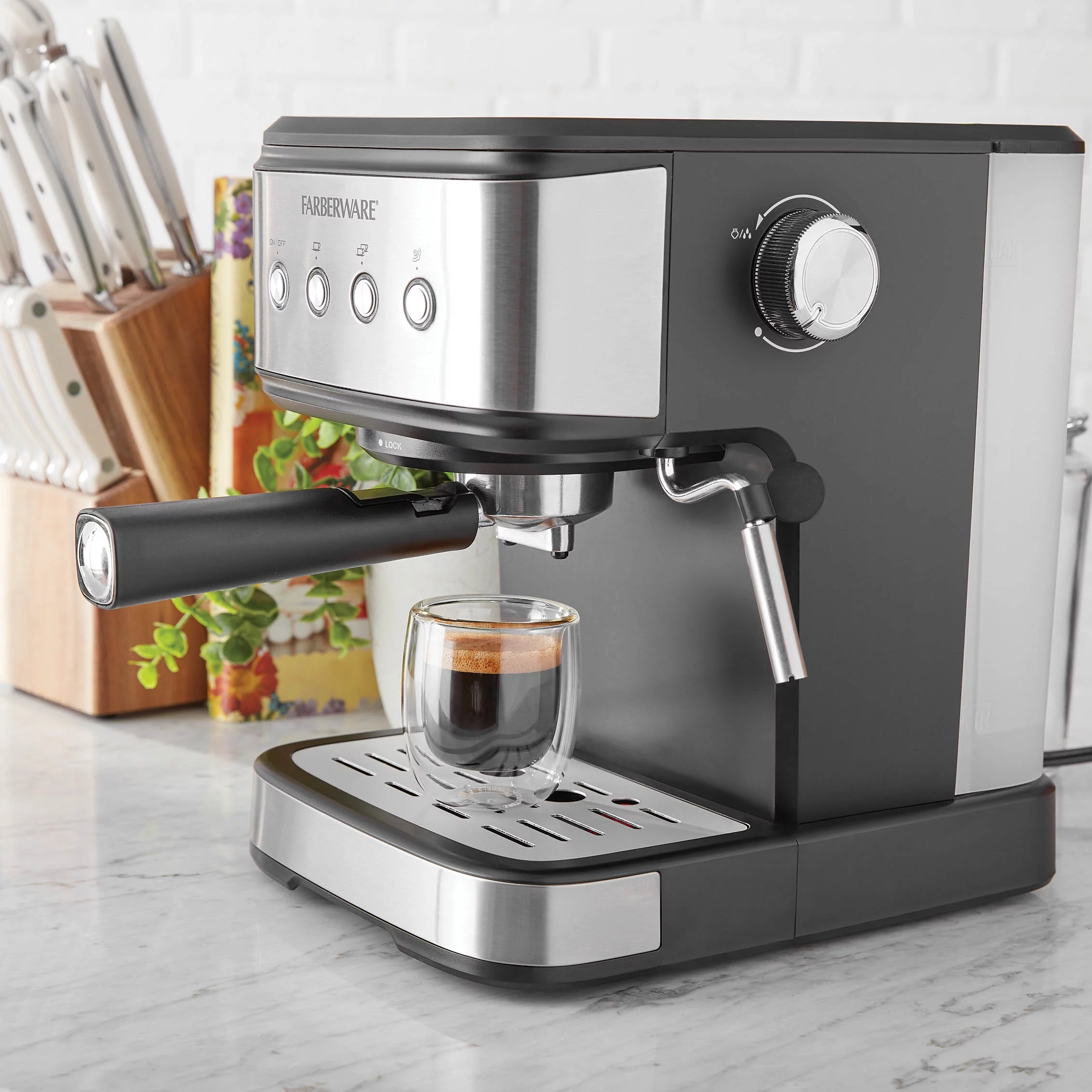 Farberware 1.5L 20 Bar Espresso Maker with Removable Water Tank, Silver and Black, New Condition