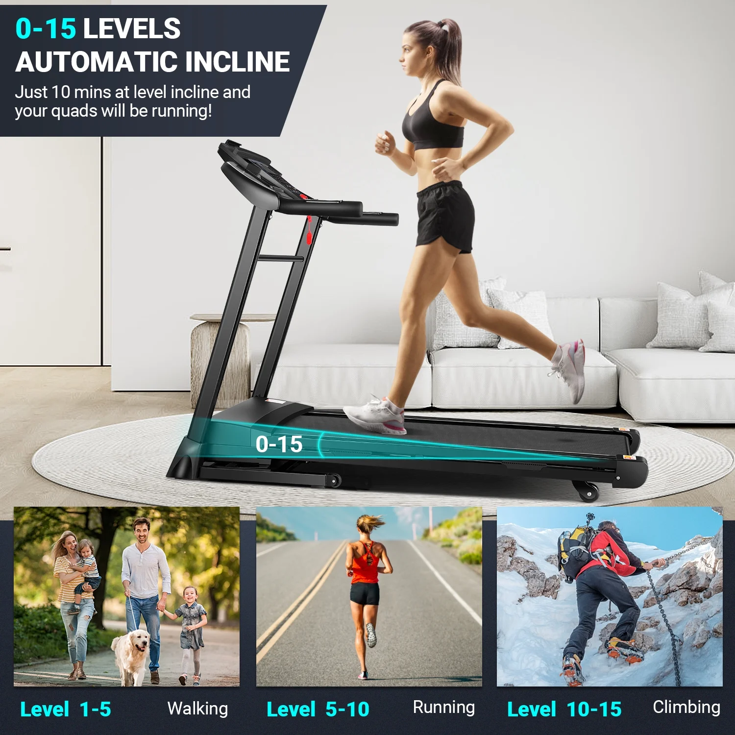 Treadmill with Auto Incline, Treadmill 300 lb Capacity with APP & Bluetooth Audio Speakers, 3.25HP Ultra-Quiet & Wide Electric Walking Running Machine for Home/Gym Cardio Use