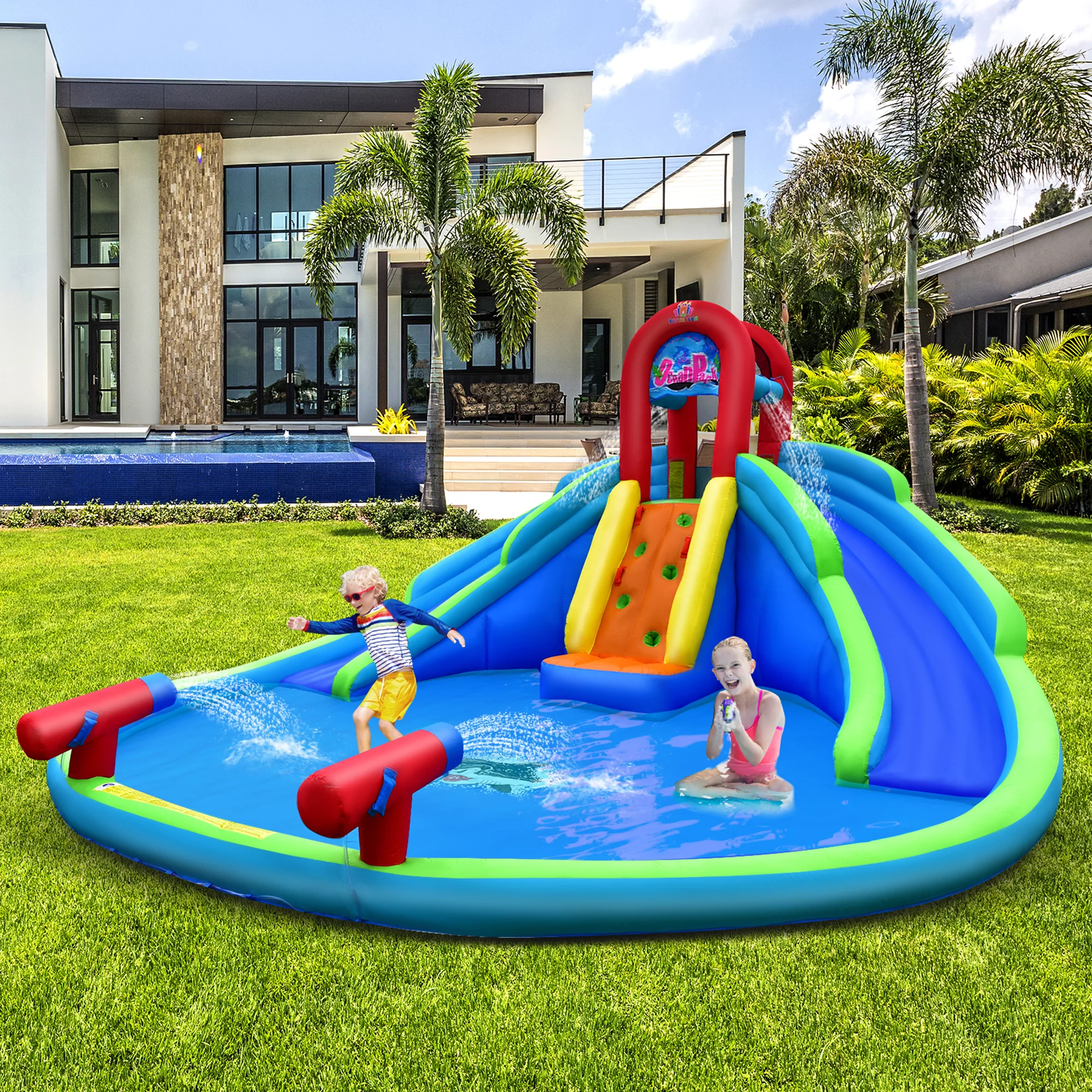 Gymax Inflatable Waterslide Wet & Dry Bounce House w/Upgraded Handrail & 780W Blower