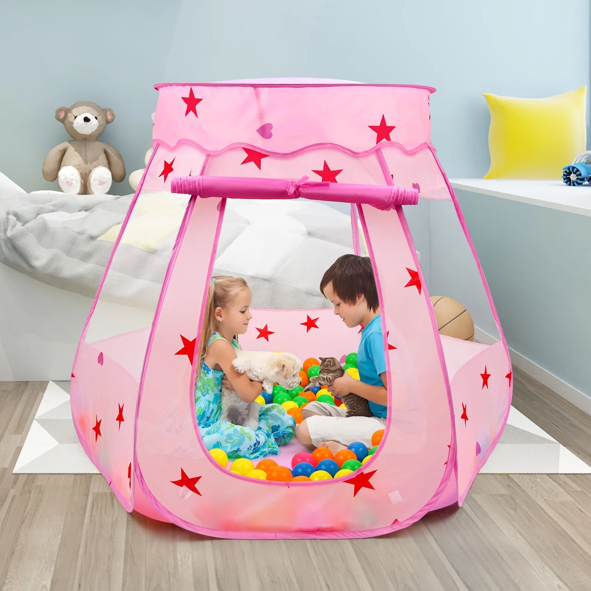 BEAURE Baby Girl Play Tent Pink Princess Playhouse with String Lights Ball Pit Toys for Toddlers Kids Ages 3-6