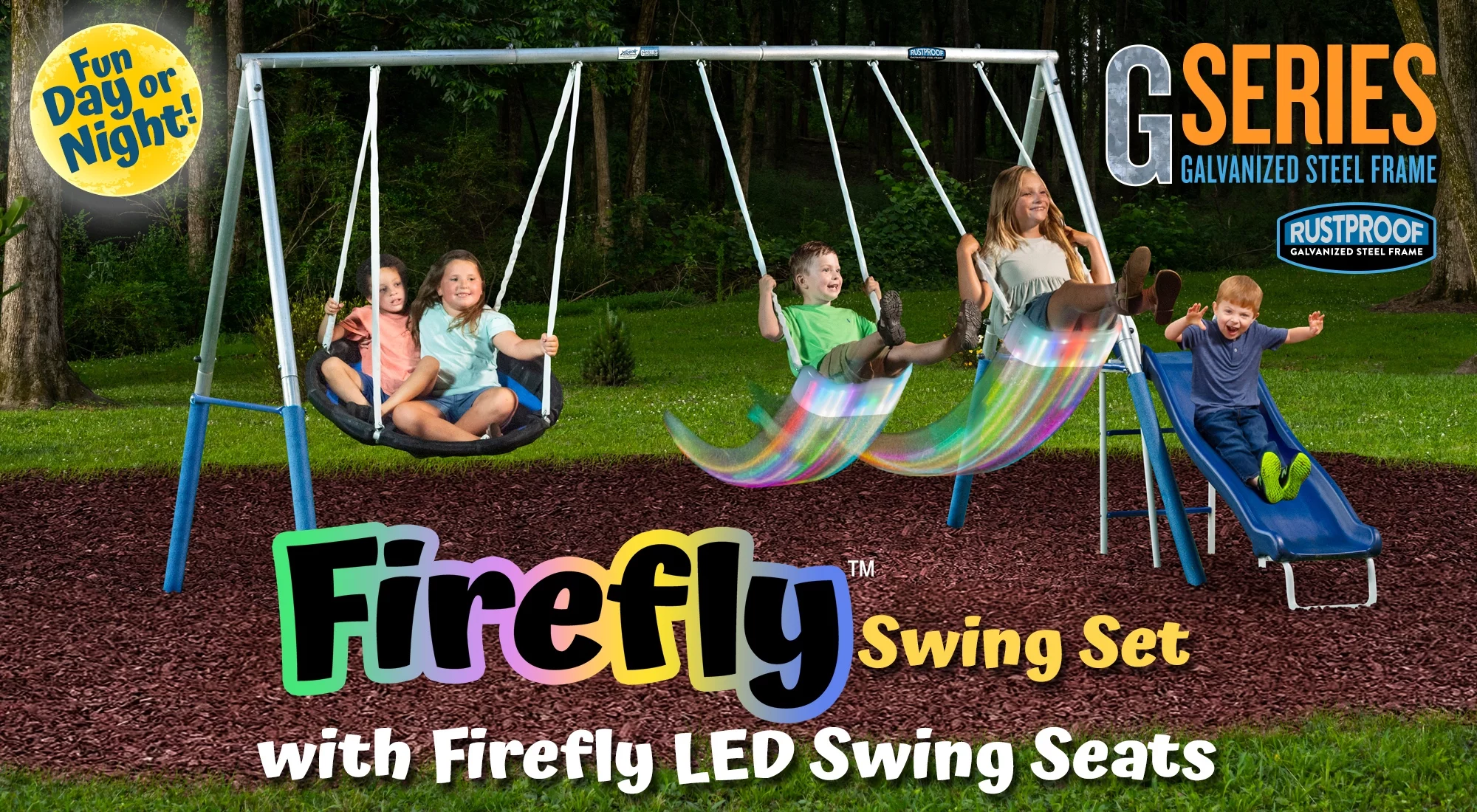 XDP Recreation Firefly Steel Swing Set with Swing Seats, Super Disc Saucer Swing, & Wave Slide