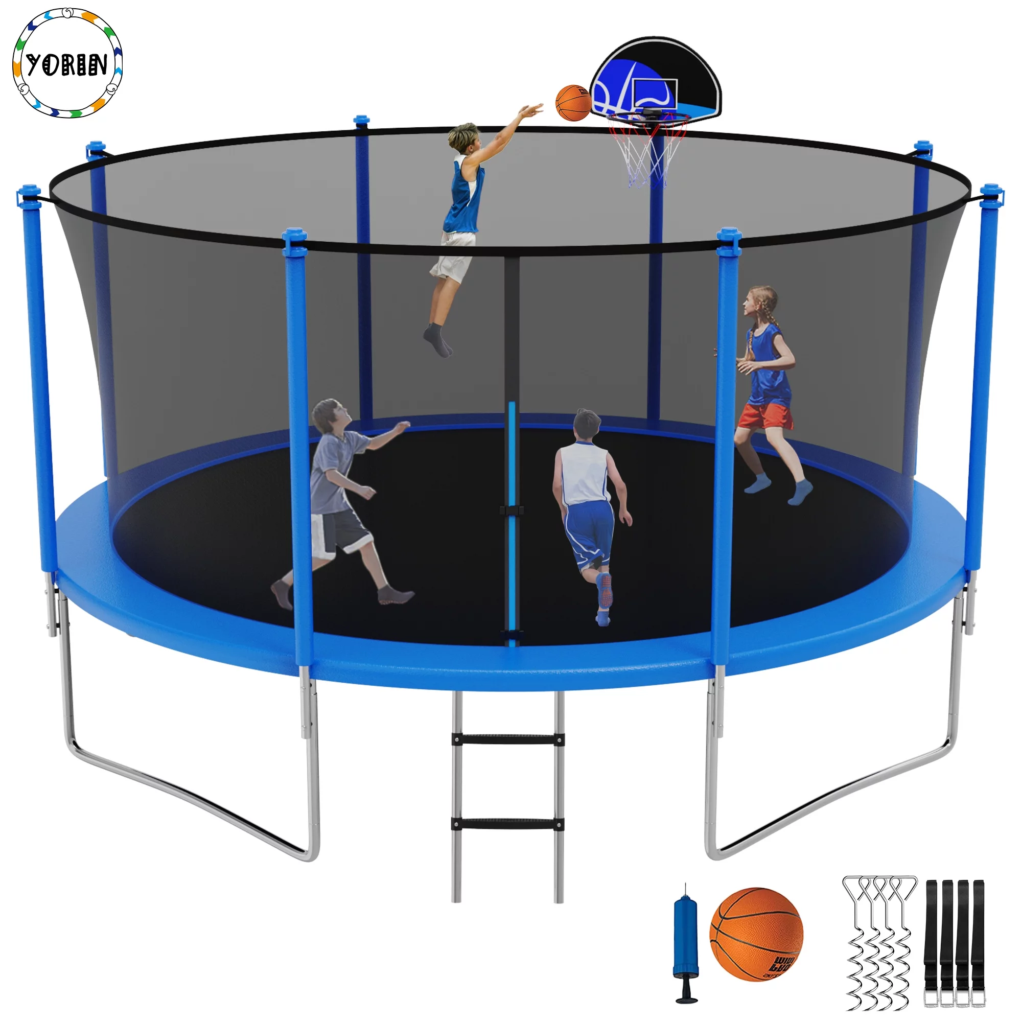 YORIN Trampoline 1400LBS 14FT Trampoline for Adults with Enclosure, Outdoor Trampoline Capacity 6-8 Kids, with Basketball Hoop ASTM Approved Backyard Recreational Heavy Duty Trampoline