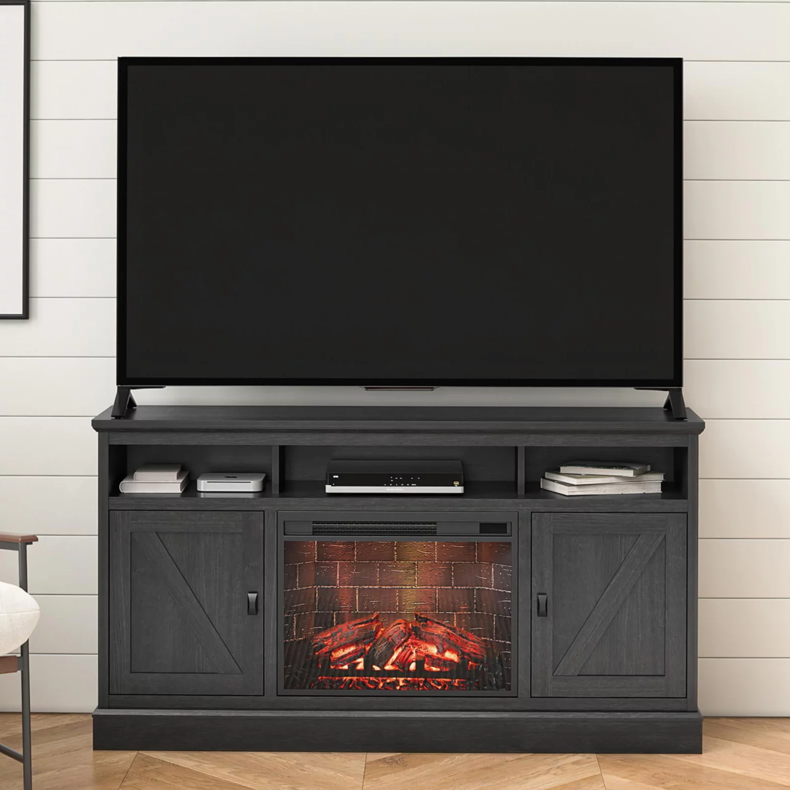 Ameriwood Home Ashton Lane Electric Fireplace TV Stand for TVs up to 65″, Black Oak