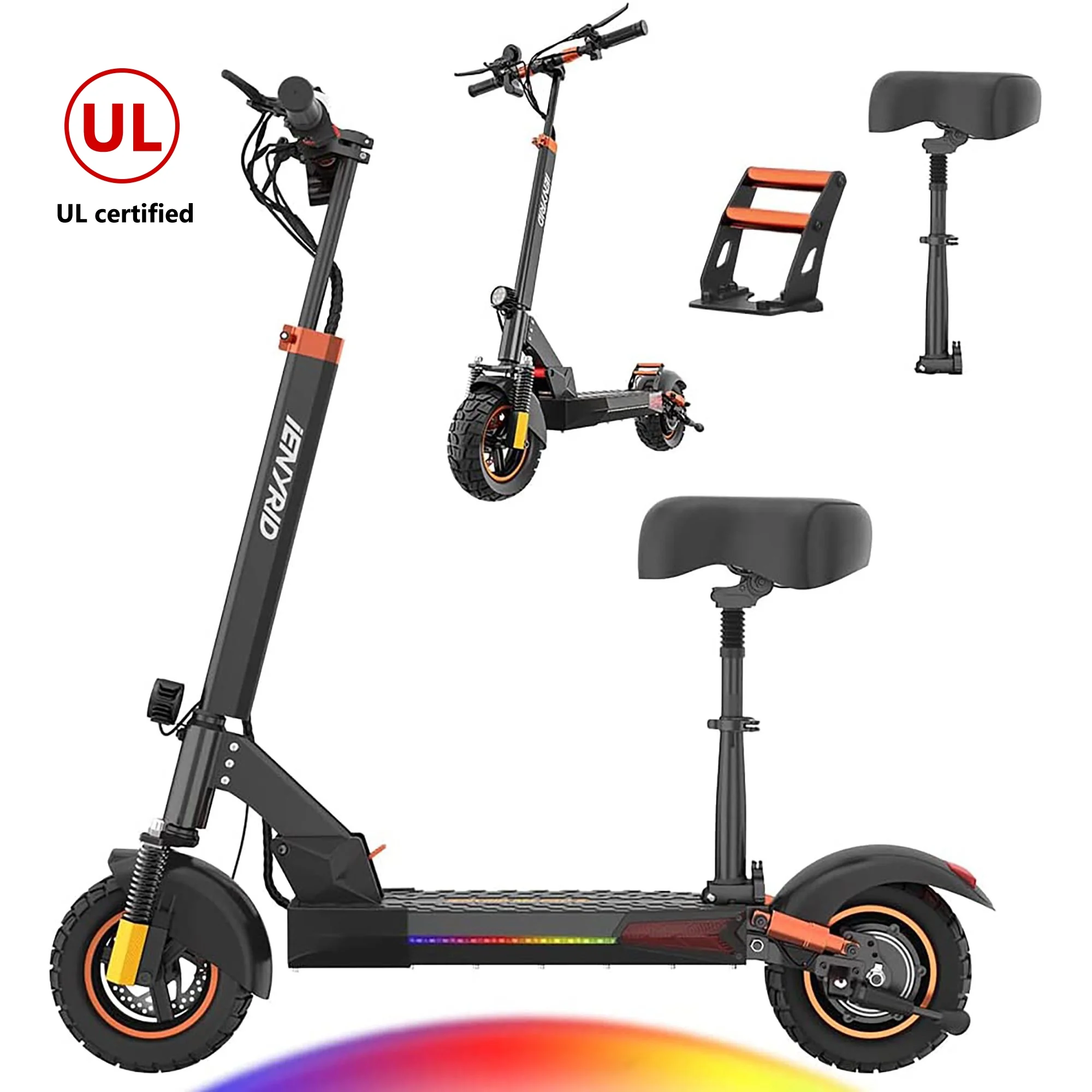 IENYRID Electric Scooter Adult Commute E-scooter with Seat, 30mph & 32miles, 800W 16Ah Folding Electric Skateboard for Kids Teens 12+ with 10″ Solid Tires